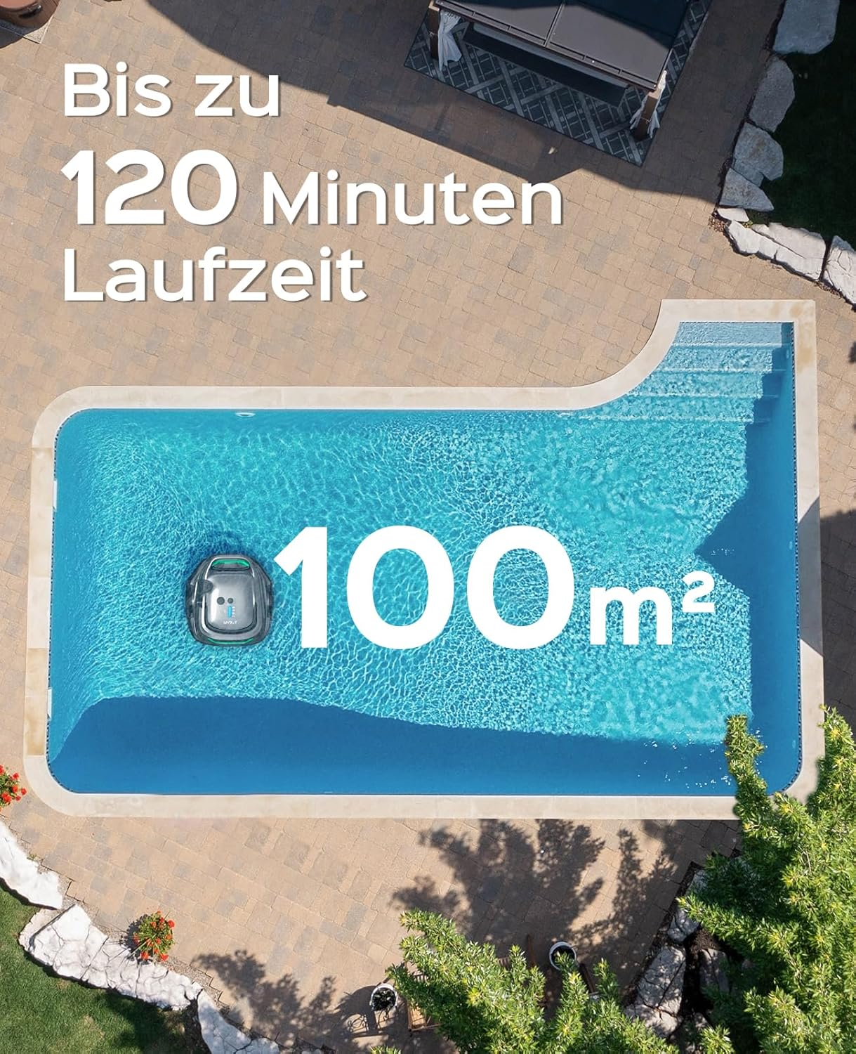 Poolroboter reinigt 100m² Pool mit 120 Min Laufzeit. Texte im Bild.
