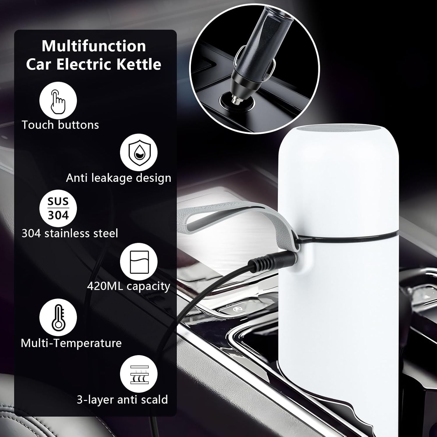 Weier Wasserkocher im Auto mit Touch-Bedienung, 420ml Kapazitt, Edelstahl.