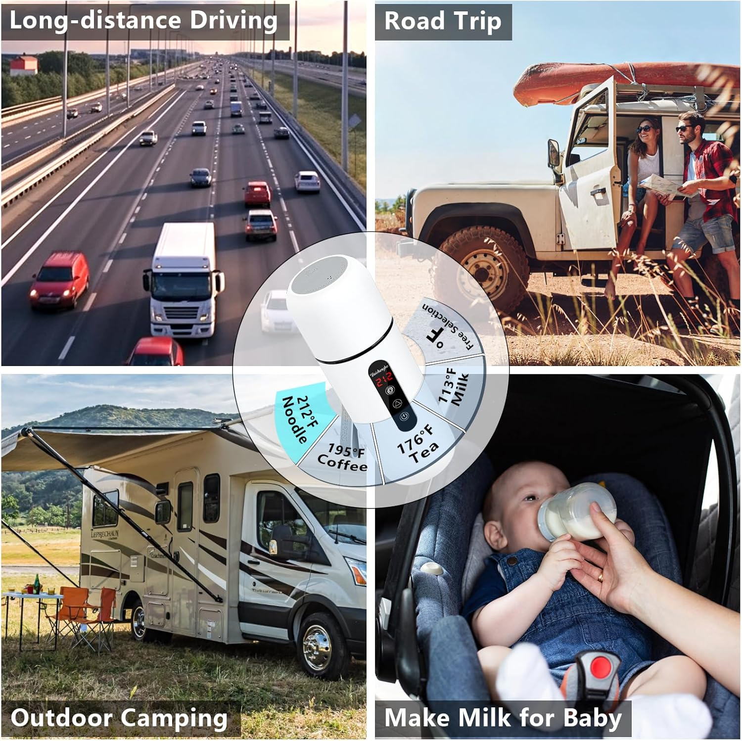 Vier Szenen: Fahren auf Autobahn, Roadtrip, Camping, Babyflasche geben.