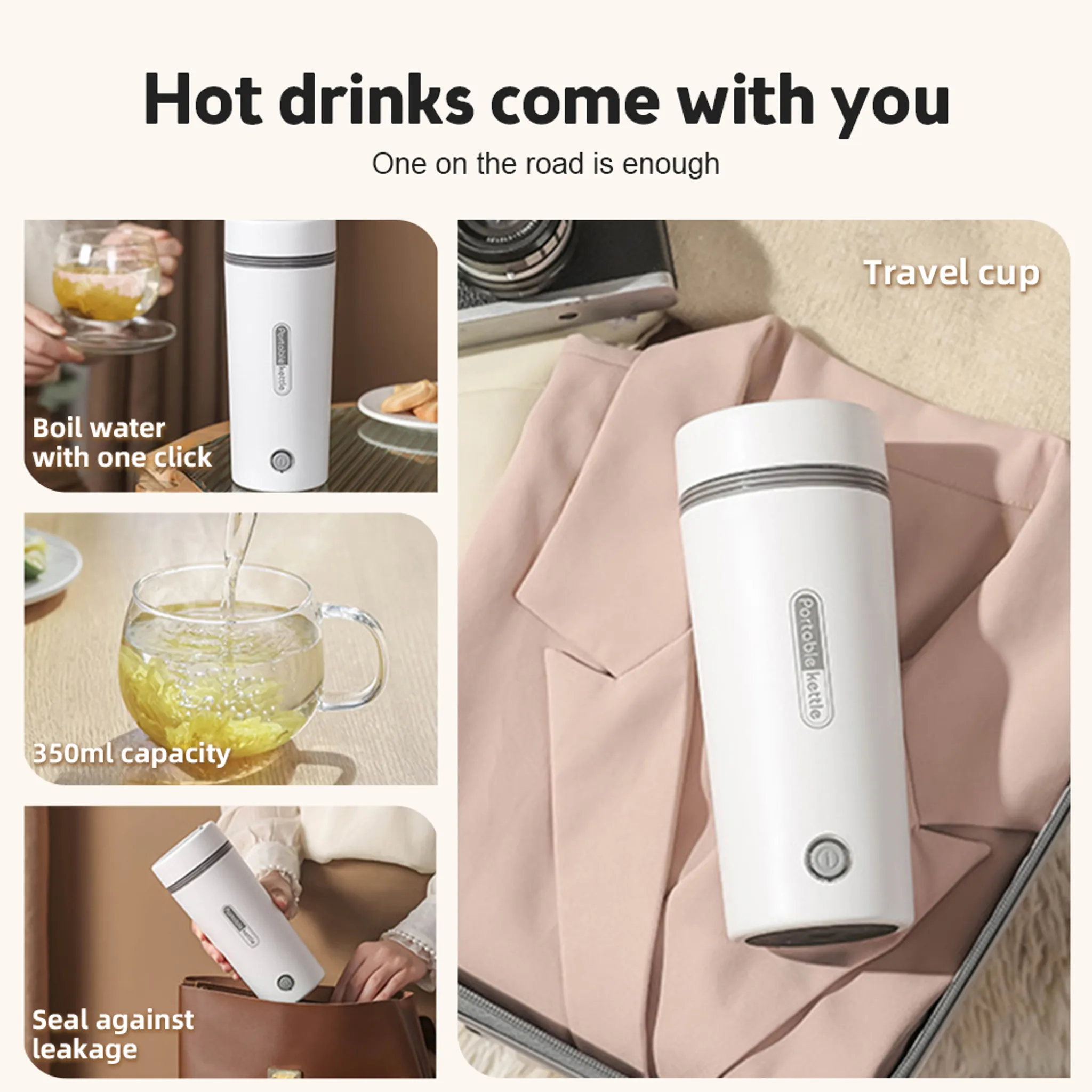 Weiße Reisebecher mit Kamera, Kleidung und Text, der Wasser kocht.