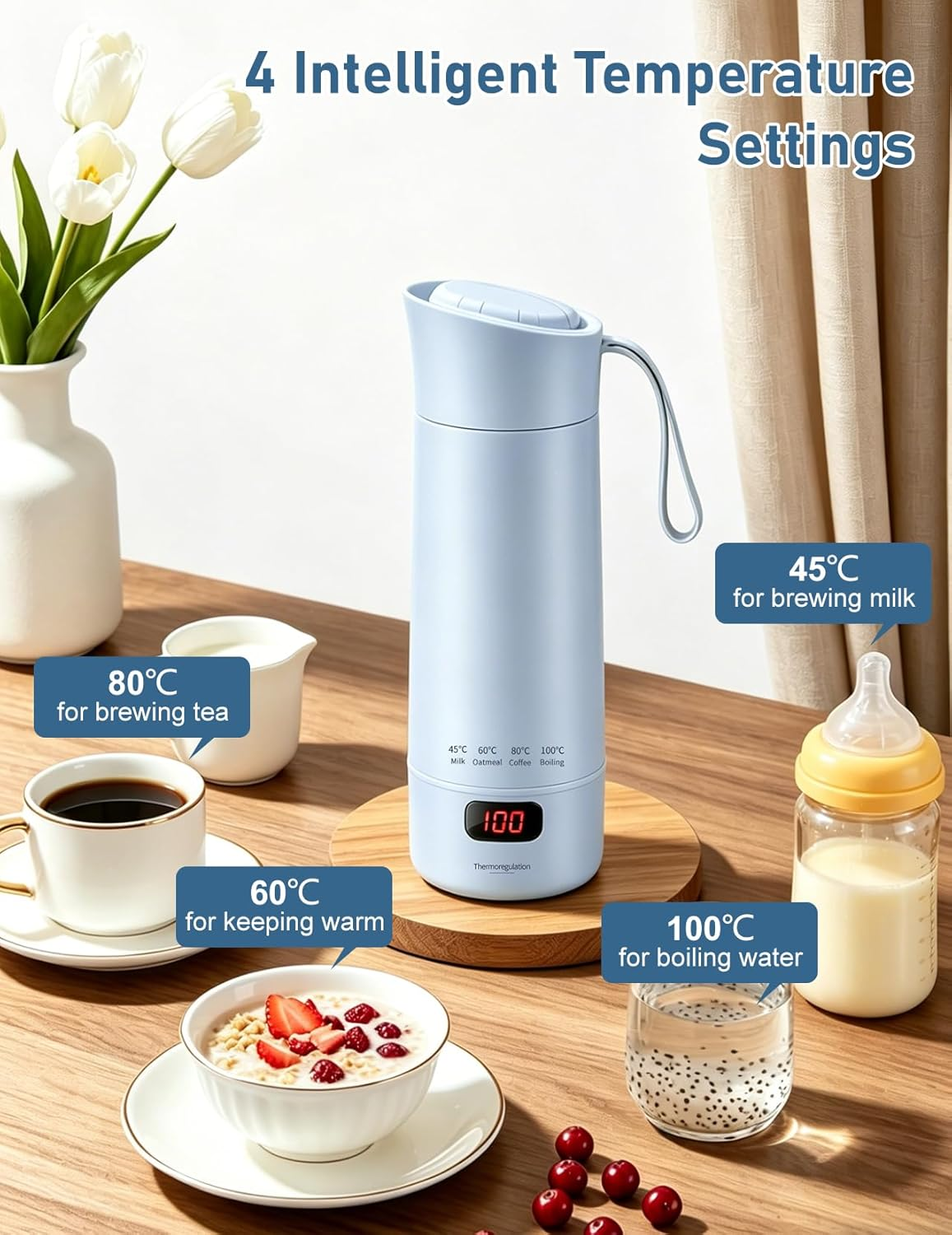 Hellblaue Kanne mit Einstellungen für Milch, Haferflocken, Kaffee, Kochen. Getränke gezeigt.