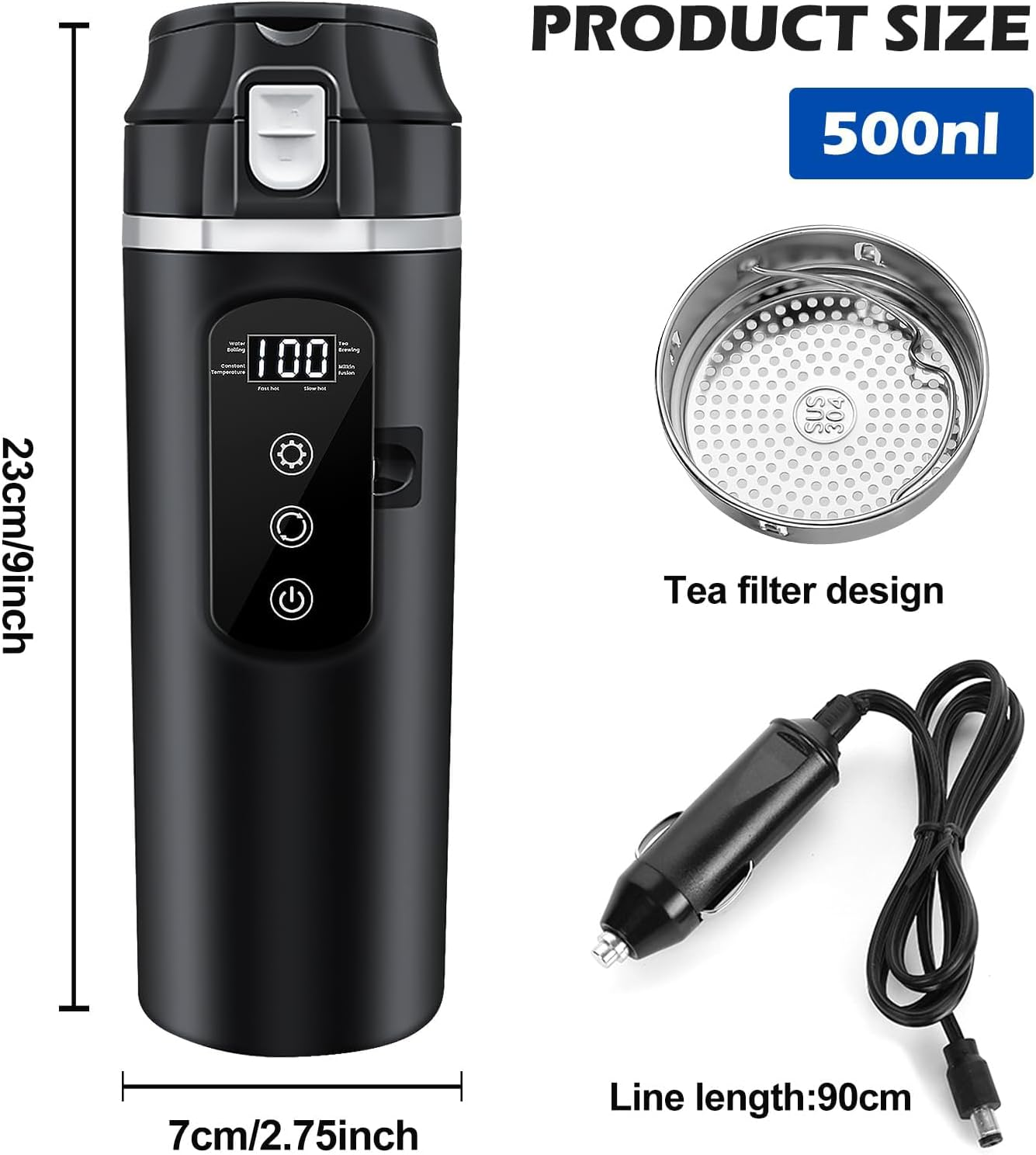 Schwarzer Becher mit digitaler Anzeige, Teefilter und Autoladegerät.