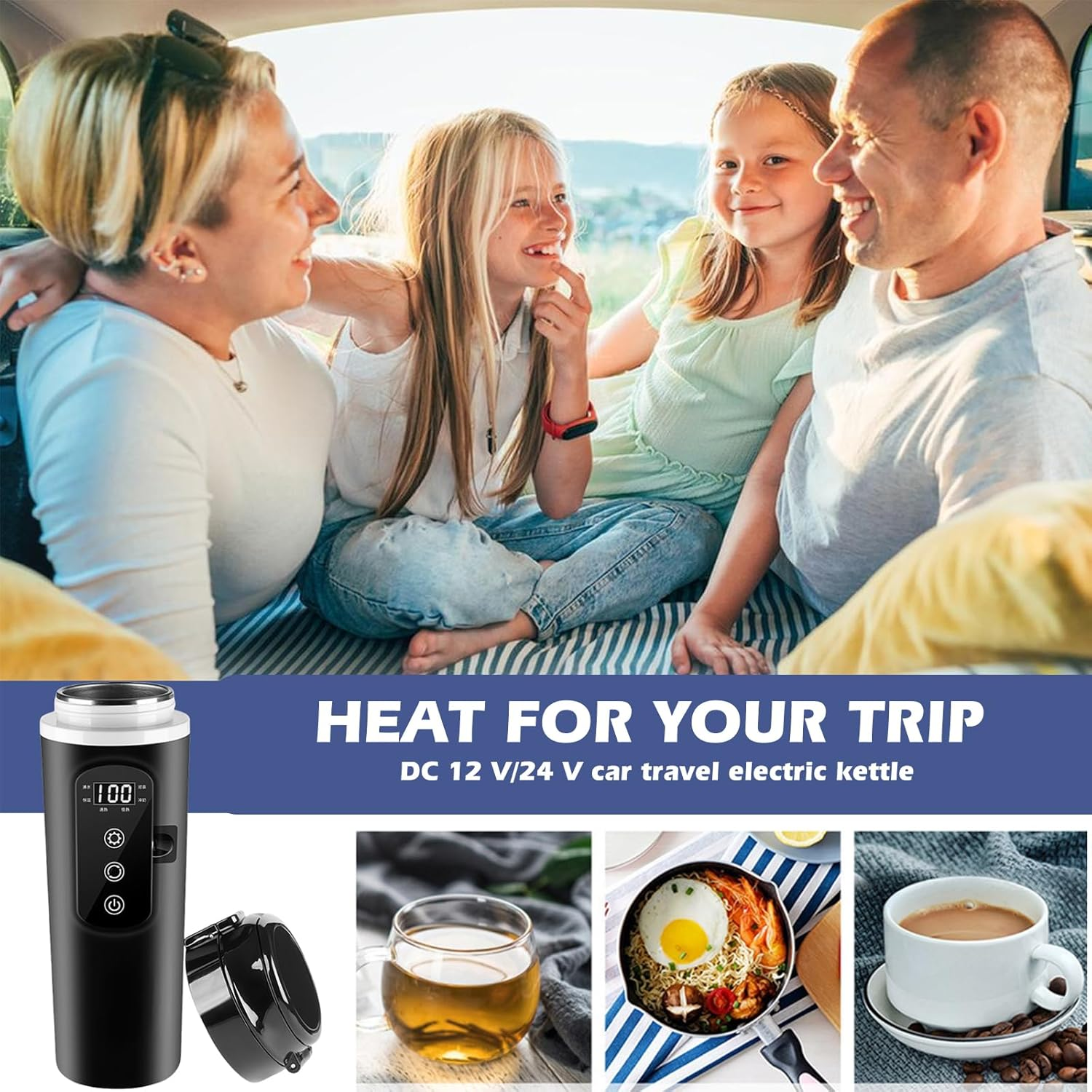 Familie im Auto, Reisewasserkocher, Tasse Tee, Nudeln mit Ei, Kaffee.