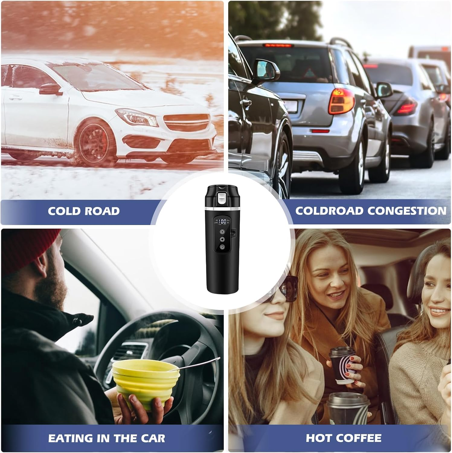 Ein Auto fährt auf einer schneebedeckten Straße, Autos im Stau, Mann isst im Auto, Frauen trinken Kaffee.