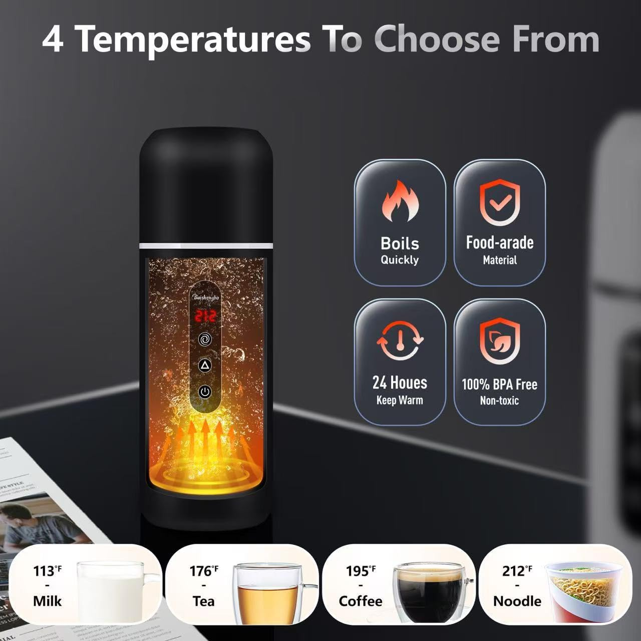 Schwarzer Wasserkocher mit 4 Temperatureinstellungen und Symbolen für schnelles Kochen, Lebensmittelsicherheit, Warmhalten.