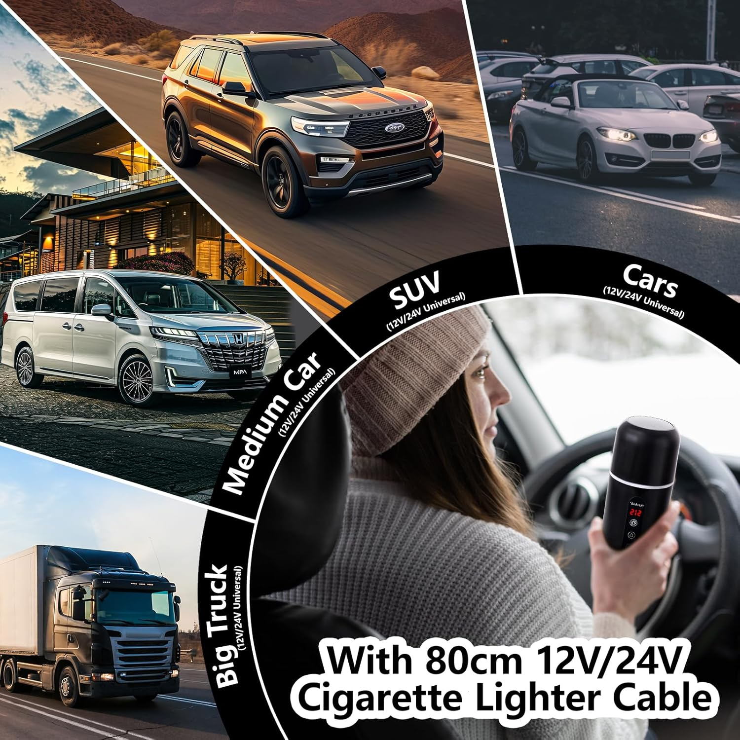 Collage von Fahrzeugen: SUV, Cabrio, Mittelklassewagen, großer LKW, Person mit Gerät.