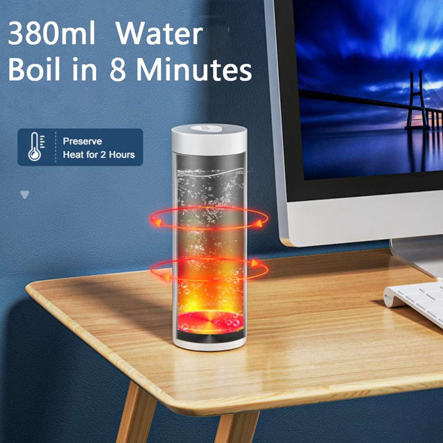 380ml Wasser kocht in 8 Minuten. Hält 2 Stunden warm. Auf einem Holztisch.