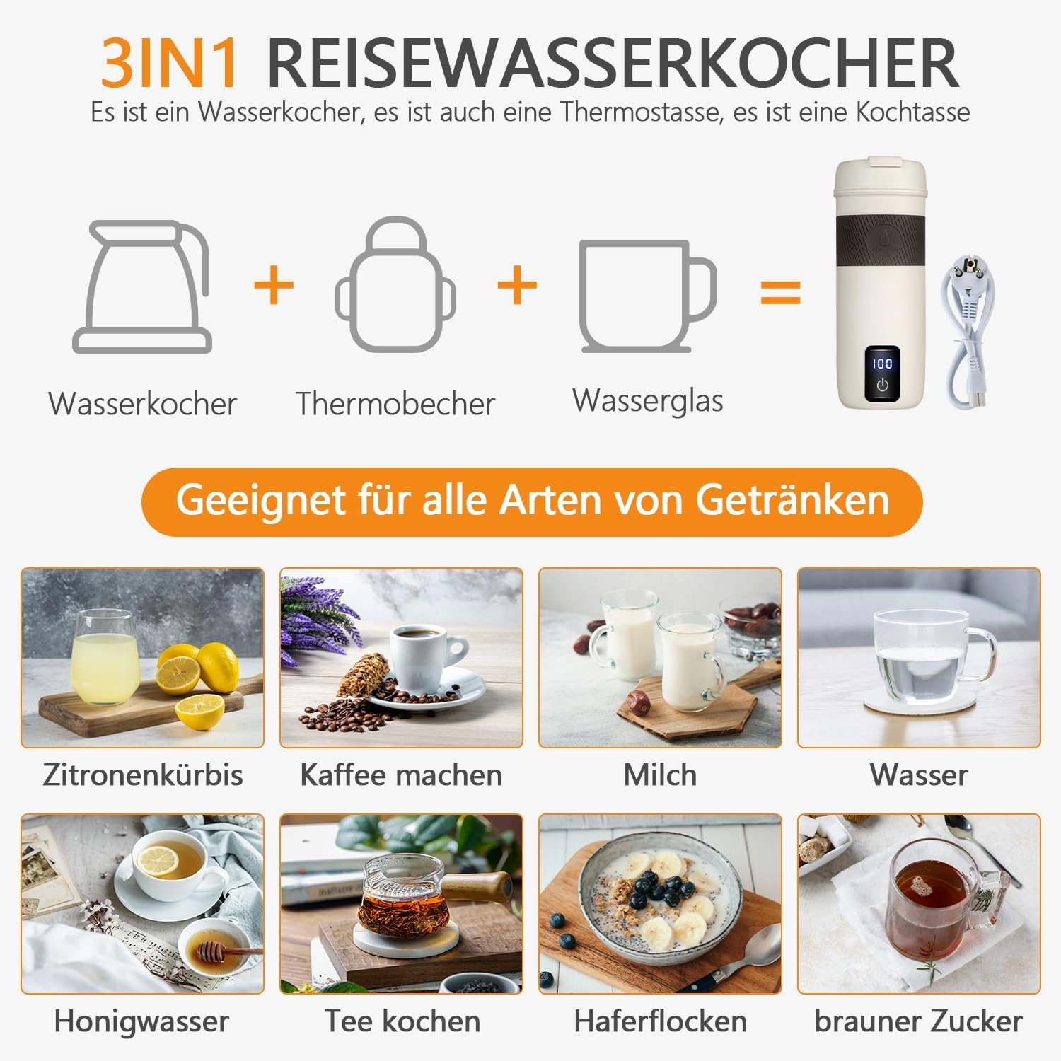 3in1 Reise-Wasserkocher: Kocher, Thermobecher, Glas. Geeignet für alle Getränke.