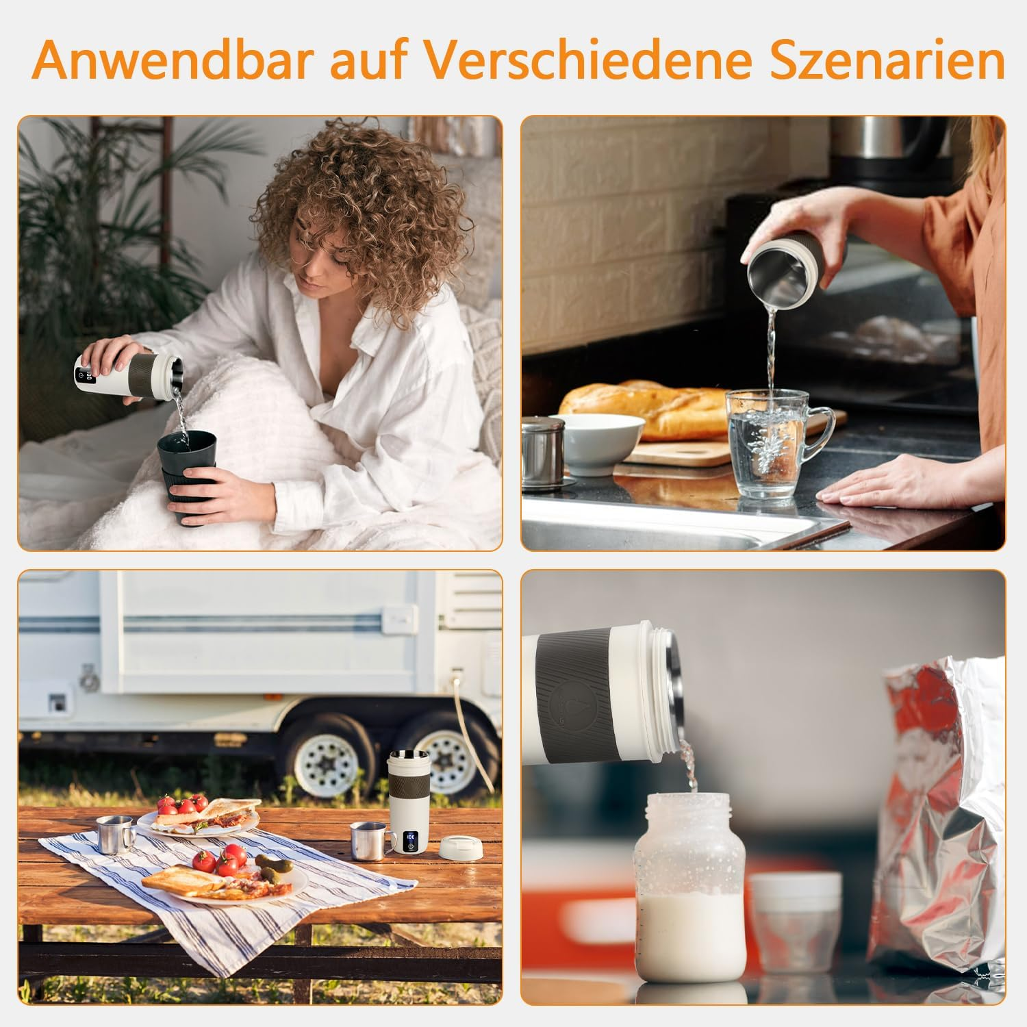 Ein Thermobecher wird in verschiedenen Szenarien verwendet, z.B. im Bett, in der Küche, draußen und beim Fläschchengeben.