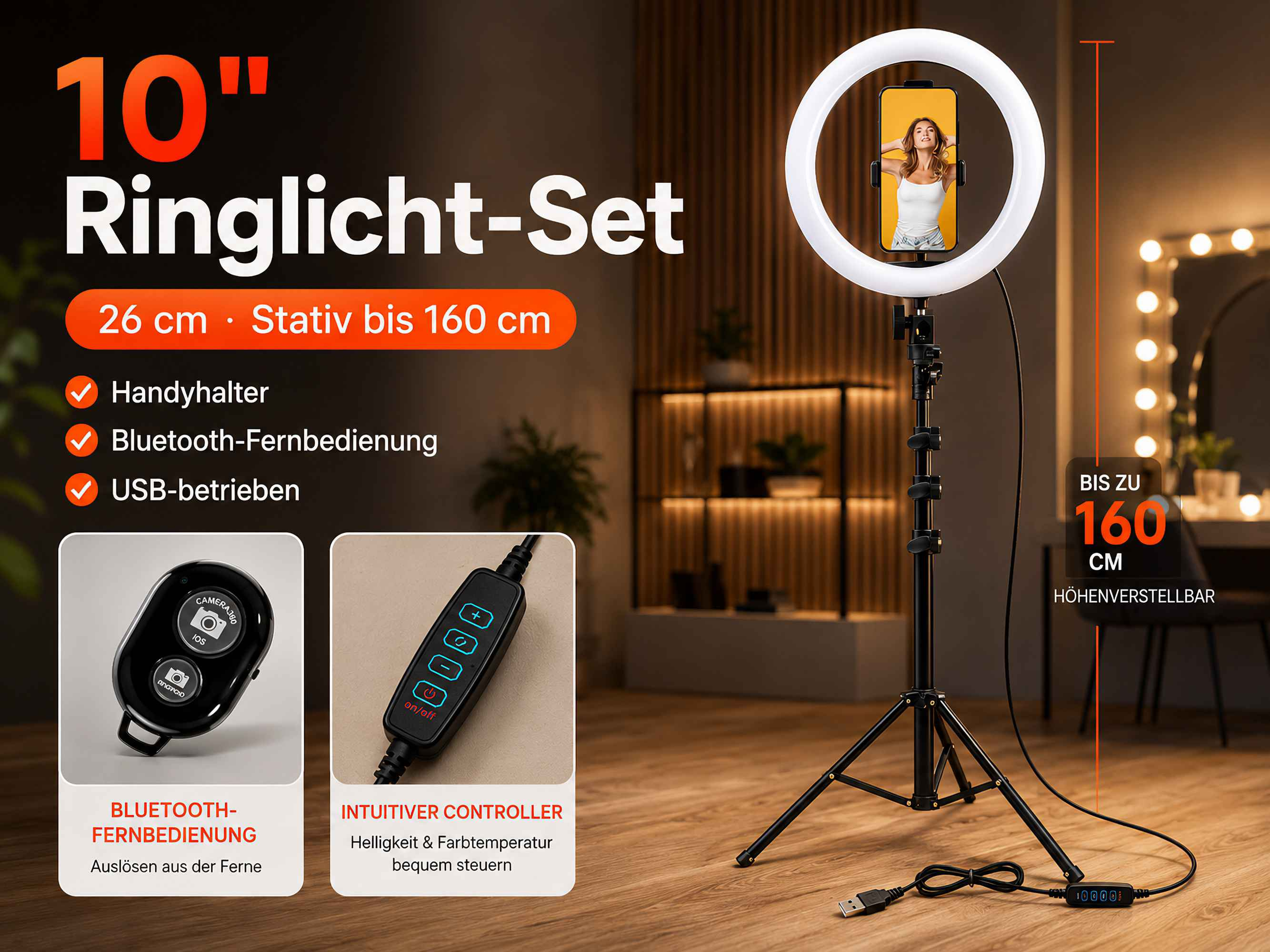 10 Zoll Ringlicht-Set mit Handyhalter, Bluetooth-Fernbedienung und USB. Stativ bis 160 cm.