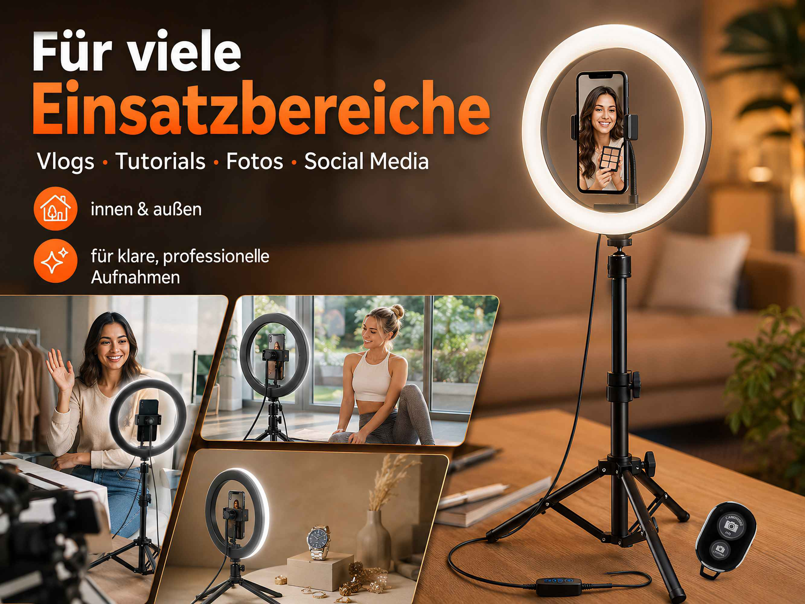 Ringlicht mit Handyhalterung, geeignet für Vlogs, Tutorials, Fotos & Social Media.