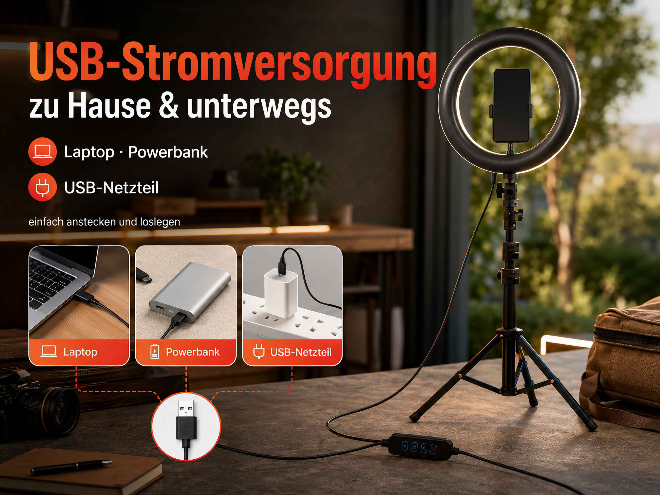 Ringlicht mit Smartphone-Halterung, Laptop, Powerbank und Netzteil.