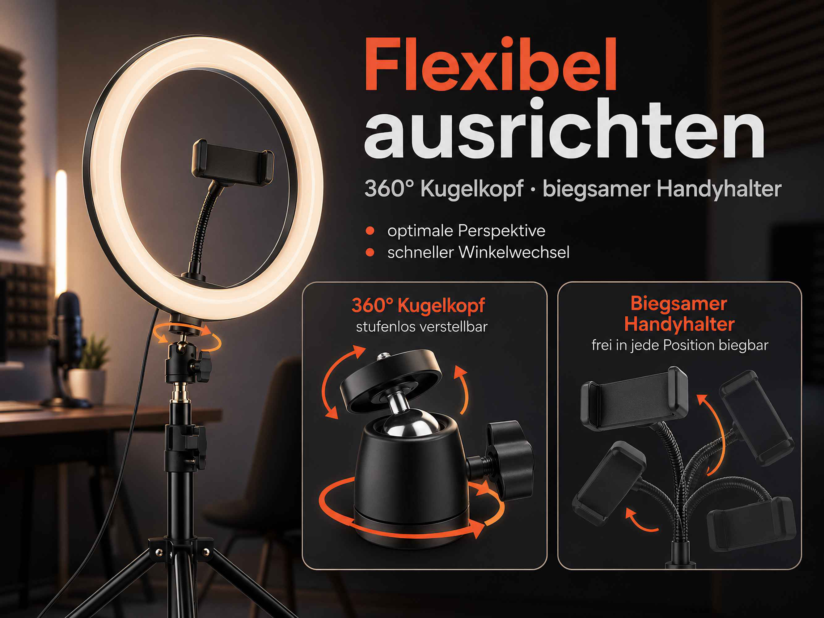 Ringlicht mit Kugelkopf-Stativ und biegsamem Handyhalter für flexible Ausrichtung.