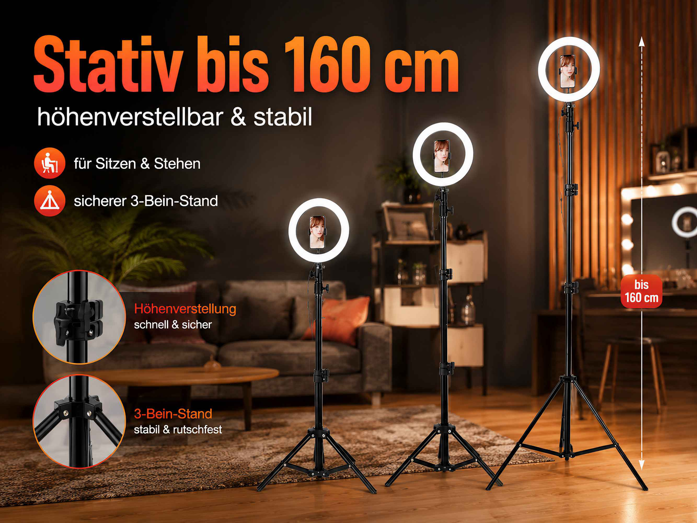 Drei Ringlichter mit Stativen bis 160 cm Höhe im Wohnzimmer.
