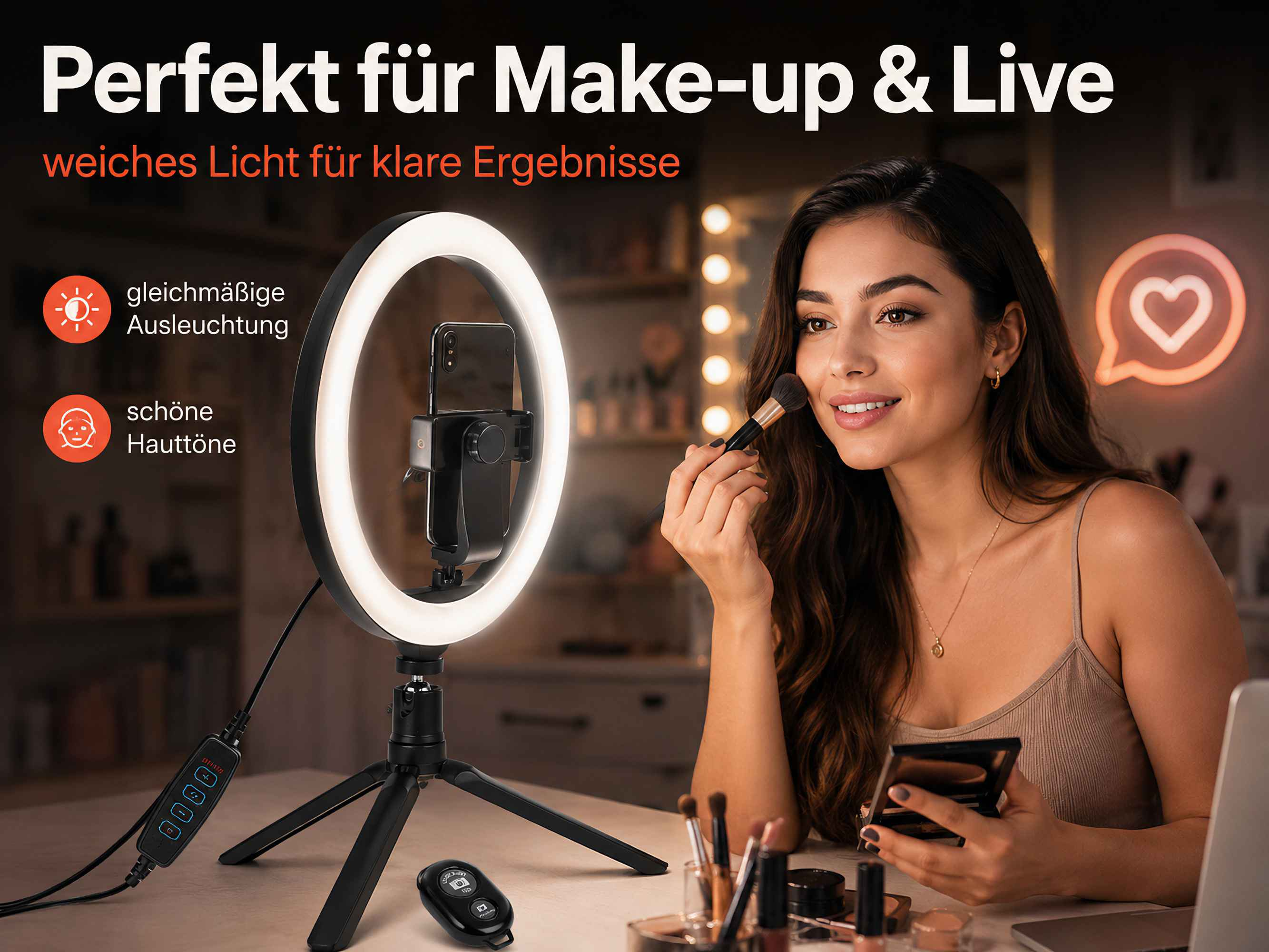 Eine Frau schminkt sich vor einem Ringlicht mit Smartphone-Halterung.