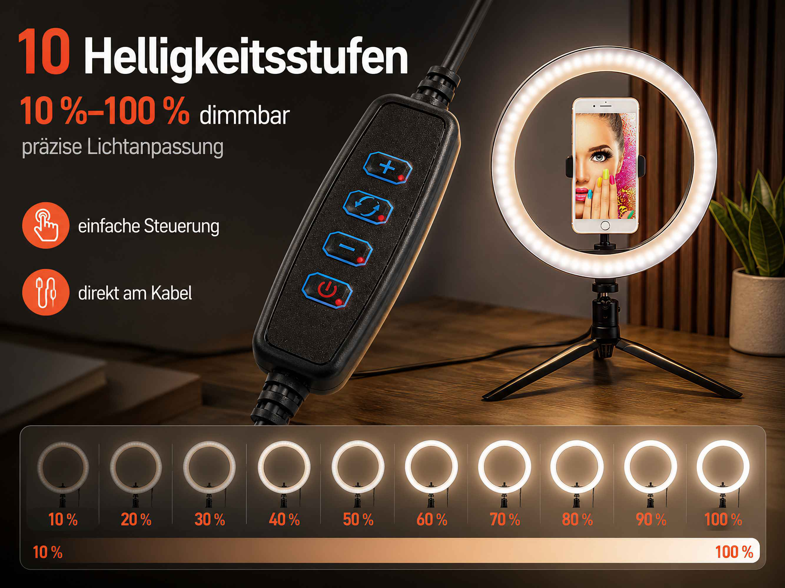 Ringlicht mit Smartphone-Halterung, Kabelsteuerung und 10 Helligkeitsstufen.