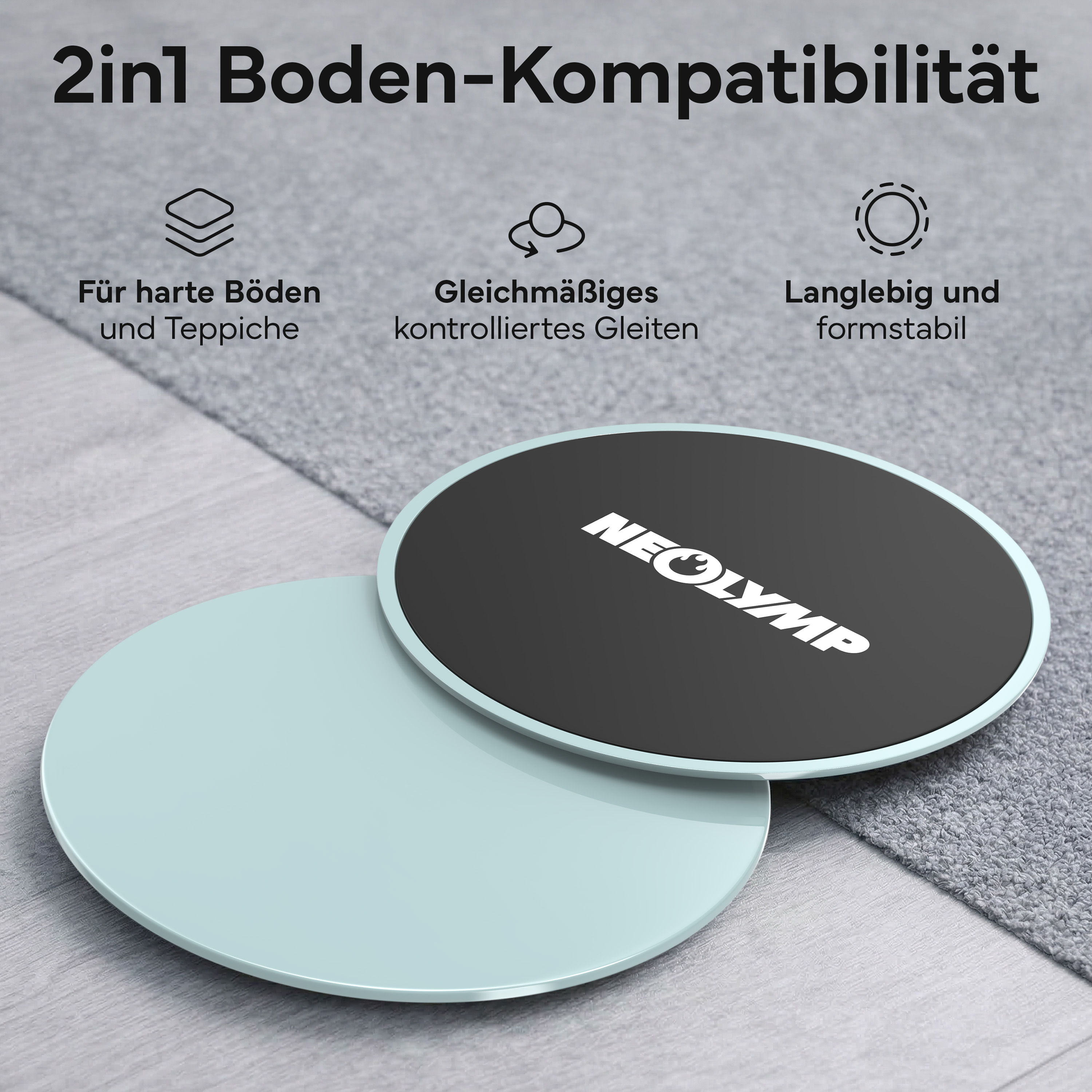 Zwei runde Gleiter, einer hellblau, einer schwarz mit Logo, liegen auf grauem Teppich.
