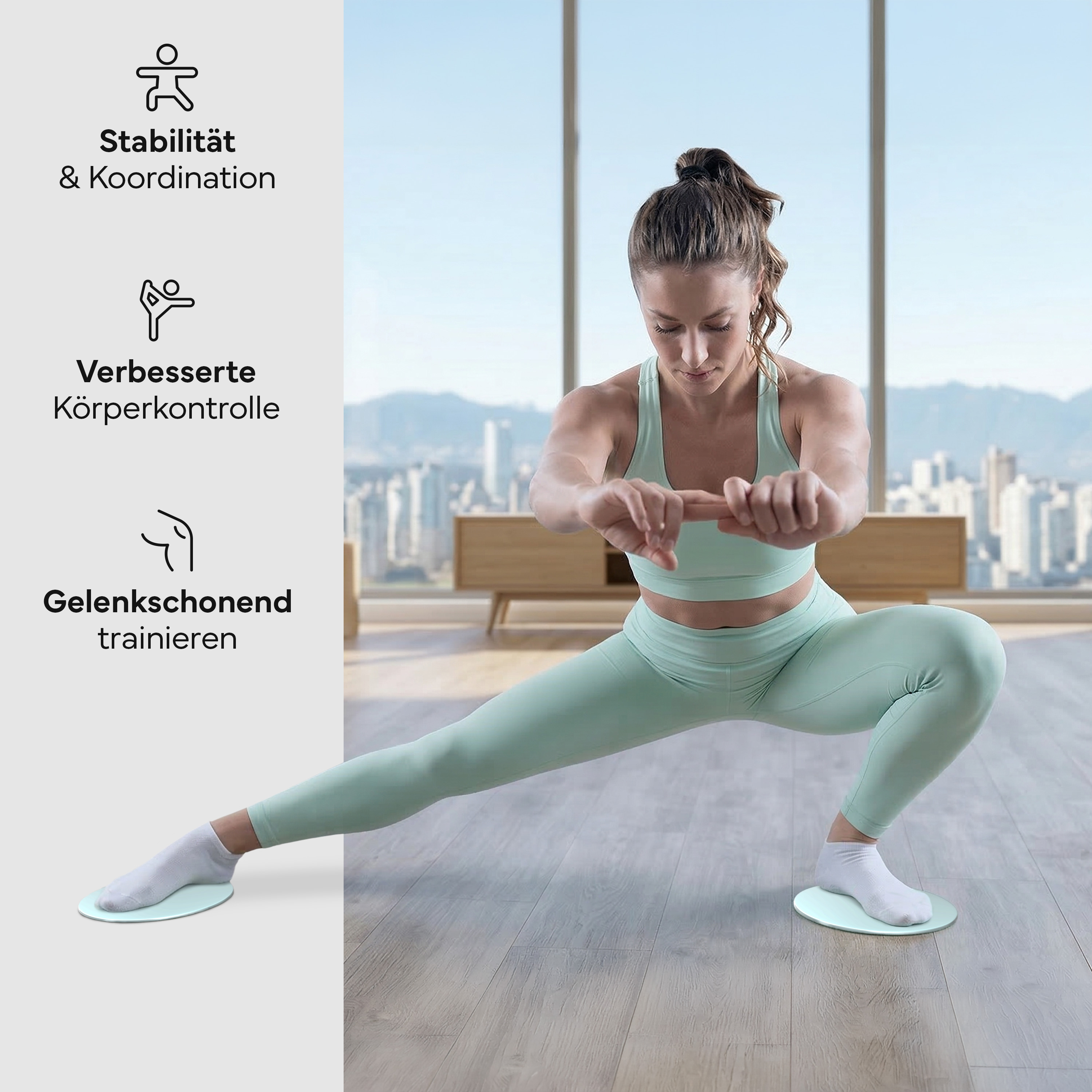 Eine Frau in mintgrüner Sportkleidung macht Ausfallschritte auf Fitnessgleitern.