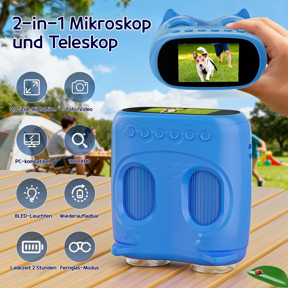 Blaues 2-in-1-Mikroskop und Teleskop für Kinder mit LCD-Bildschirm und Symbolen.