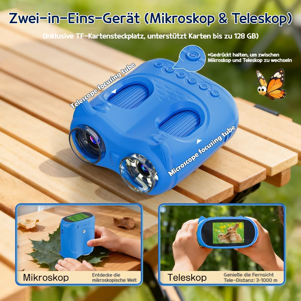 Blaues 2-in-1-Gerät, Mikroskop und Teleskop, mit detaillierten Bedienelementen und Schaltern.