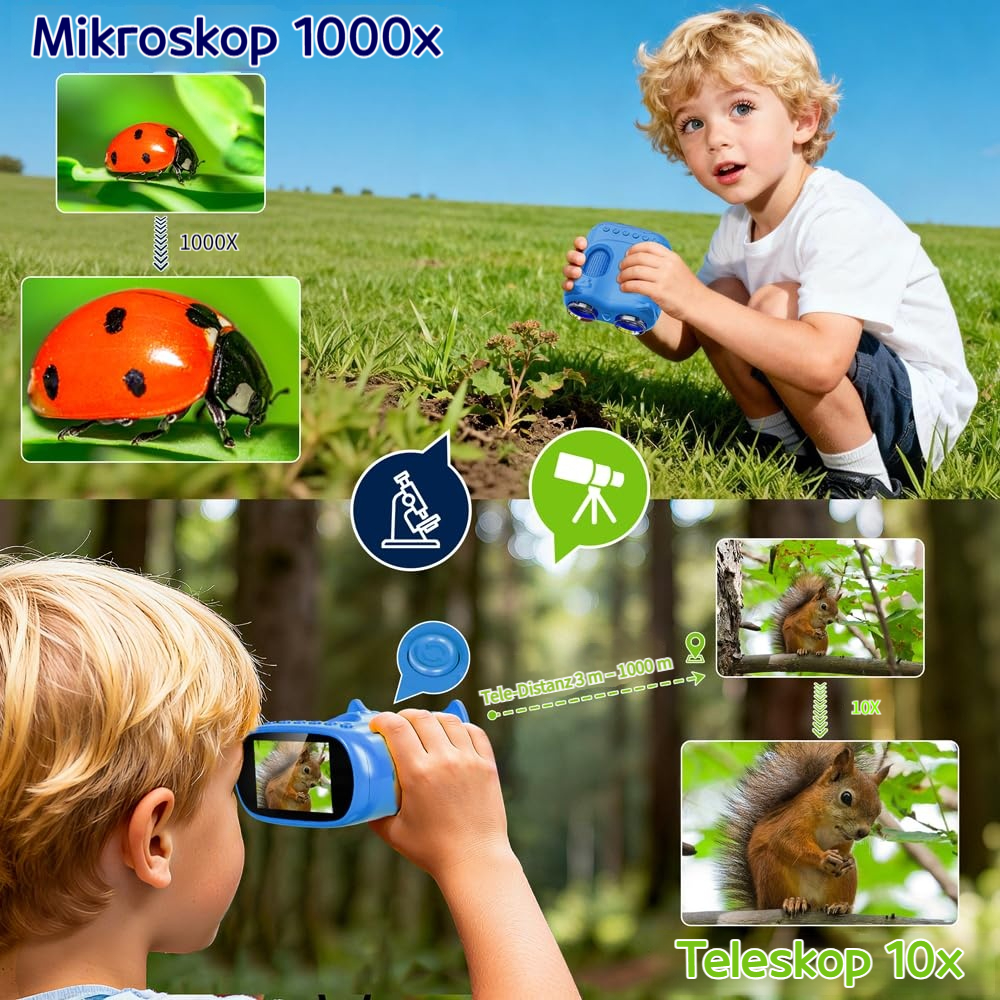 Junge mit blauem Spielzeug-Mikroskop und Teleskop im Freien. Nahaufnahme einer Marienkäferlarve und eines Eichhörnchens.