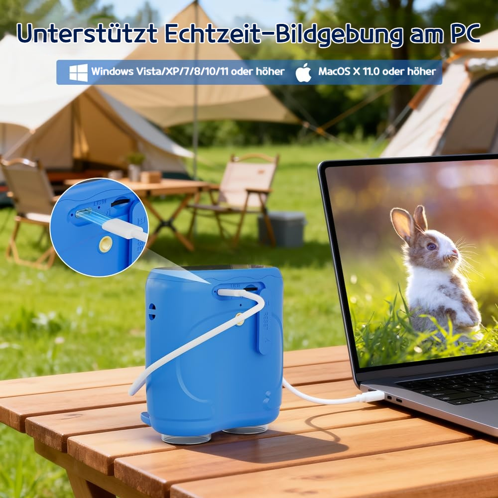 Ein blauer Kasten ist an einen Laptop angeschlossen, der ein Kaninchen zeigt.