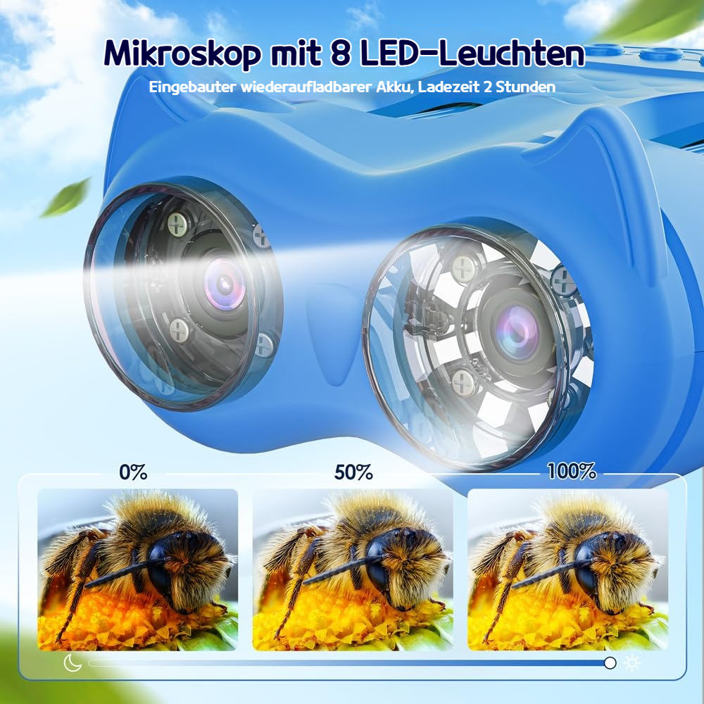 Blauer Mikroskop mit 8 LEDs und Nahaufnahmen einer Biene bei unterschiedlicher Beleuchtung.