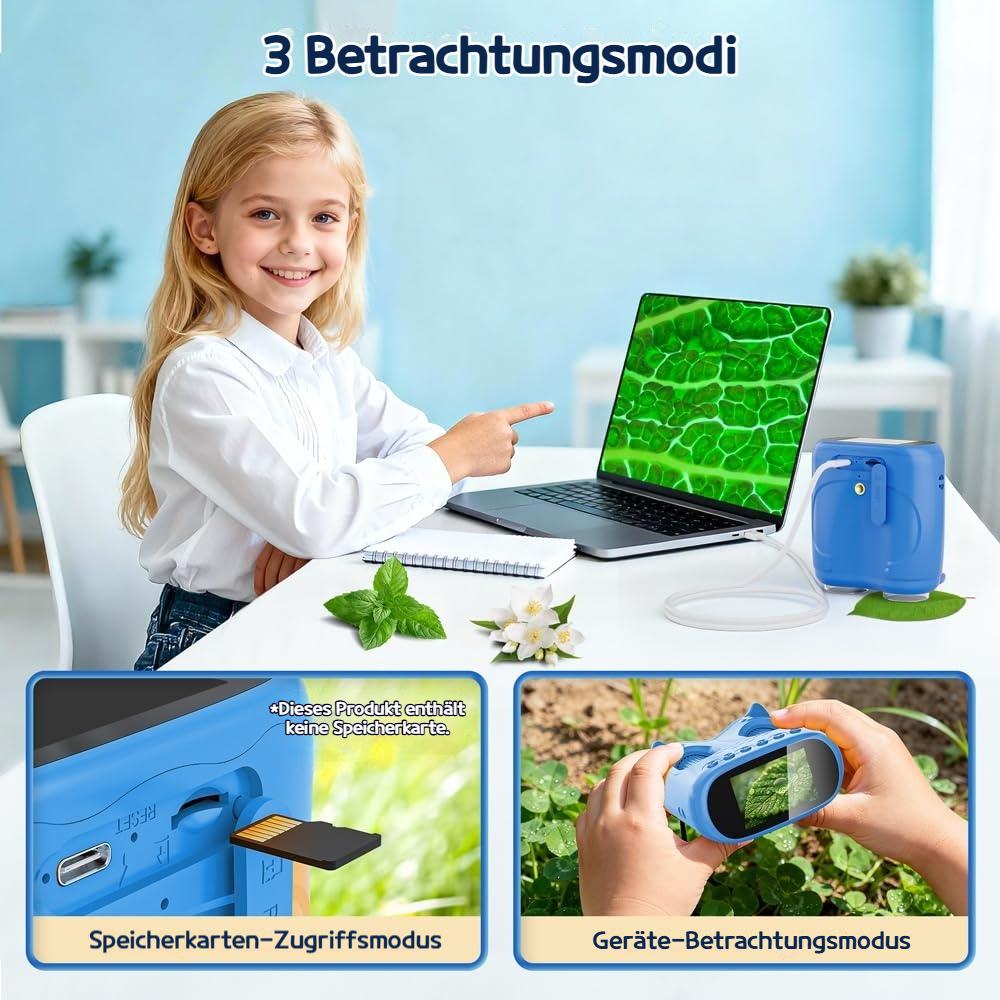 Mädchen zeigt auf Laptop; Nahaufnahmen zeigen SD-Karte & Lupe.