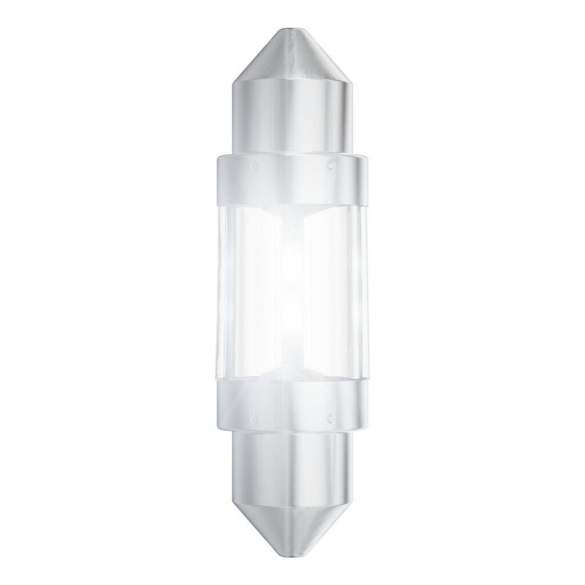 Eine transparente Röhrenlampe mit silbernen Endkappen und einem hellen Glühfaden.