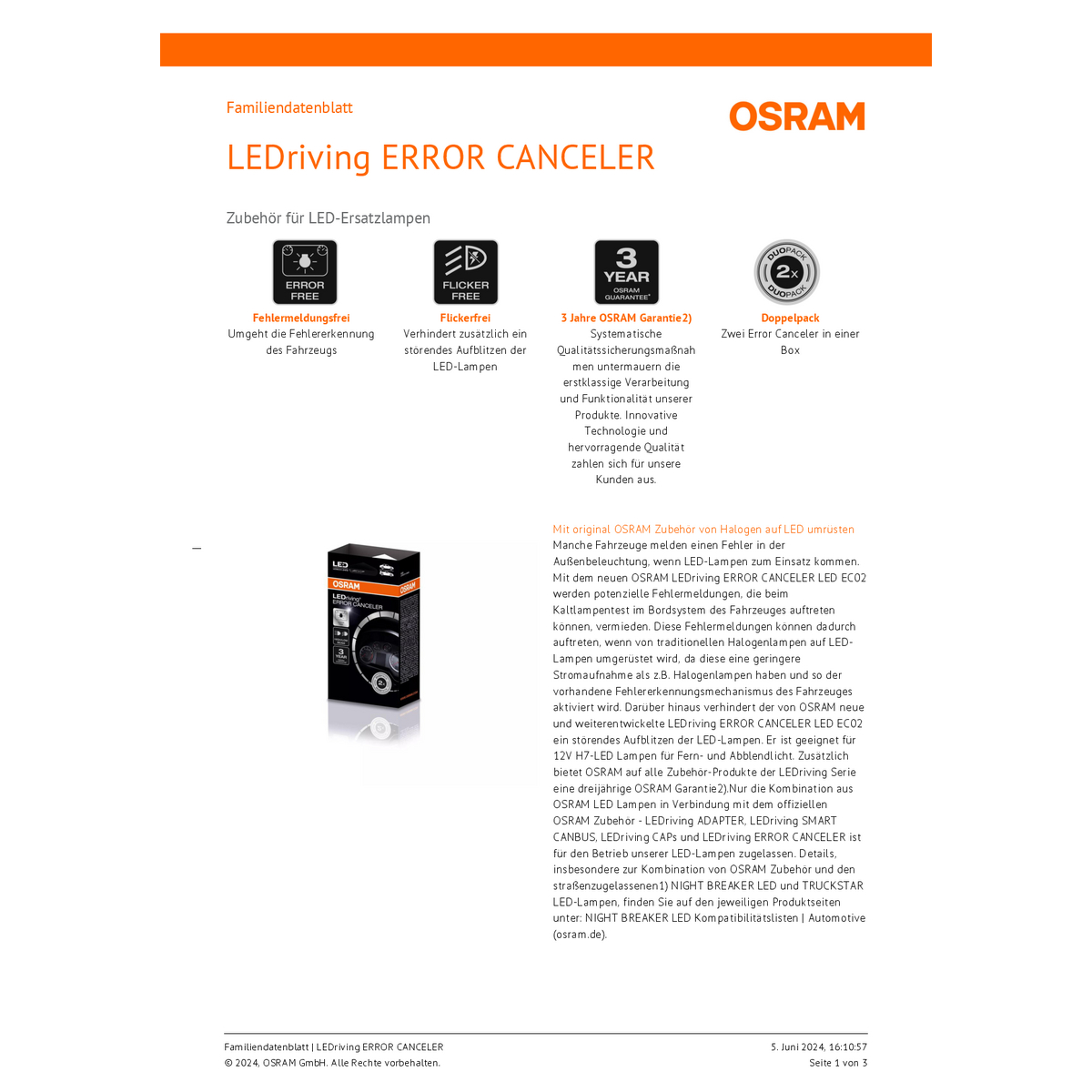 OSRAM LEDriving ERROR CANCELER Produktblatt mit Symbolen für Fehlerfreiheit, Flickerfreiheit, Garantie und Doppelpack.