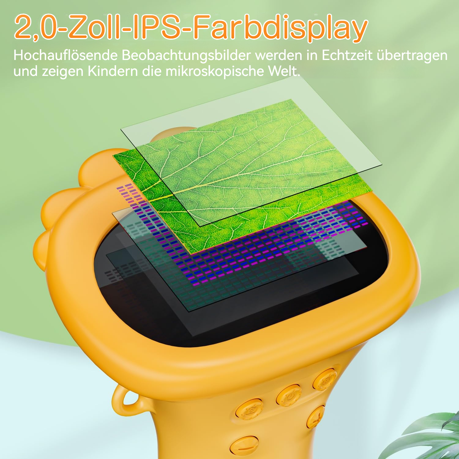 Gelbes Gerät mit einem 2,0-Zoll-IPS-Farbbildschirm, der ein Blatt zeigt.