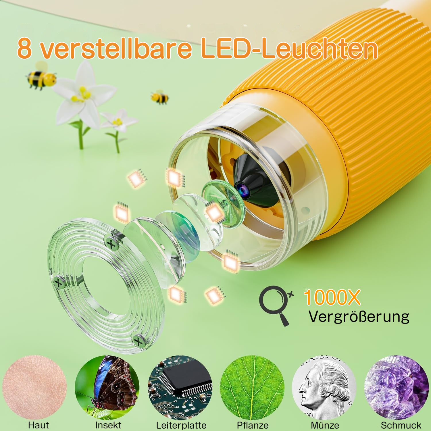 Ein gelbes Mikroskop mit 8 verstellbaren LED-Leuchten zoomt auf Haut, Insekten, Platinen, Pflanzen, Münzen und Schmuck.