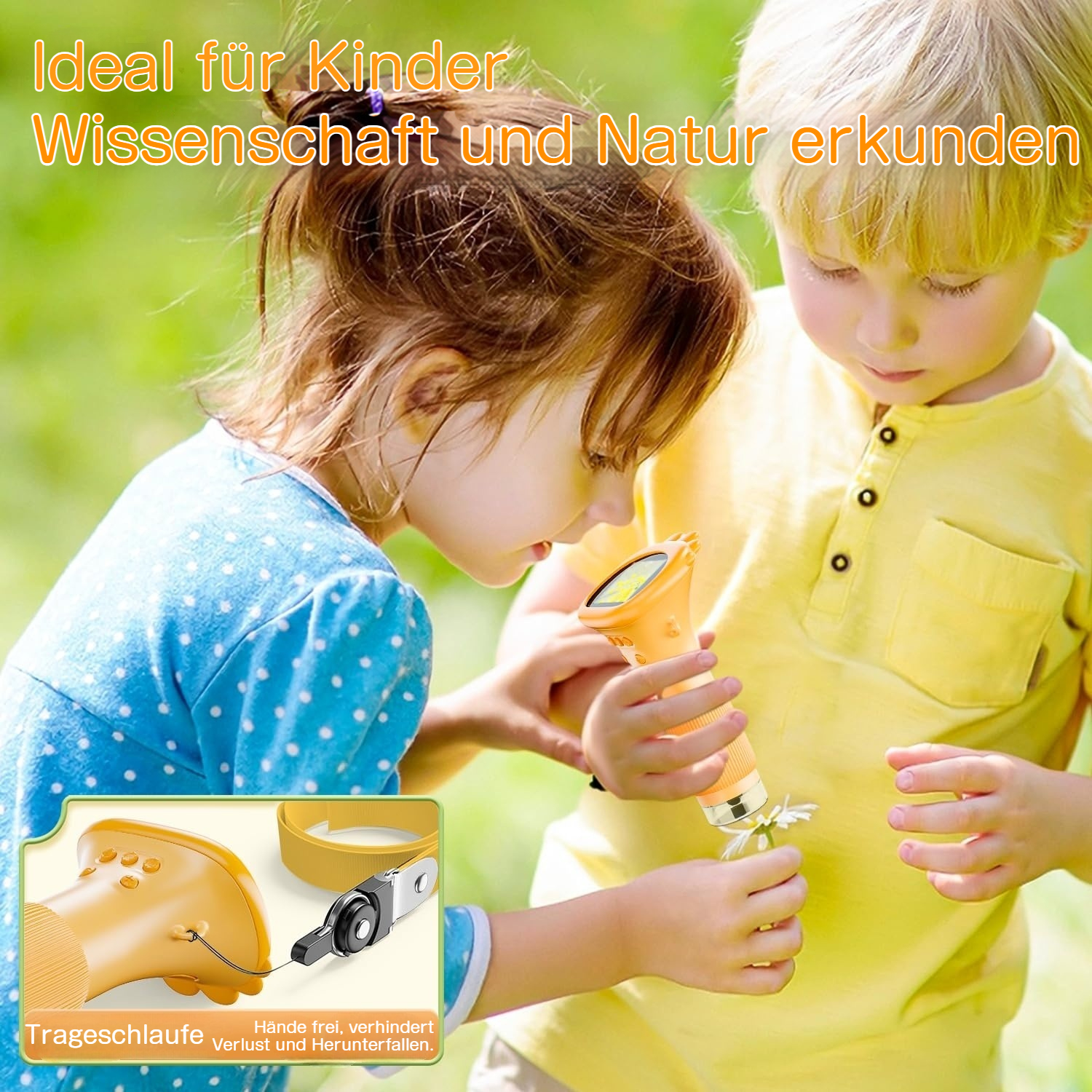 Zwei Kinder erforschen die Natur mit einem gelben Gerät, das wie ein Fernglas aussieht.