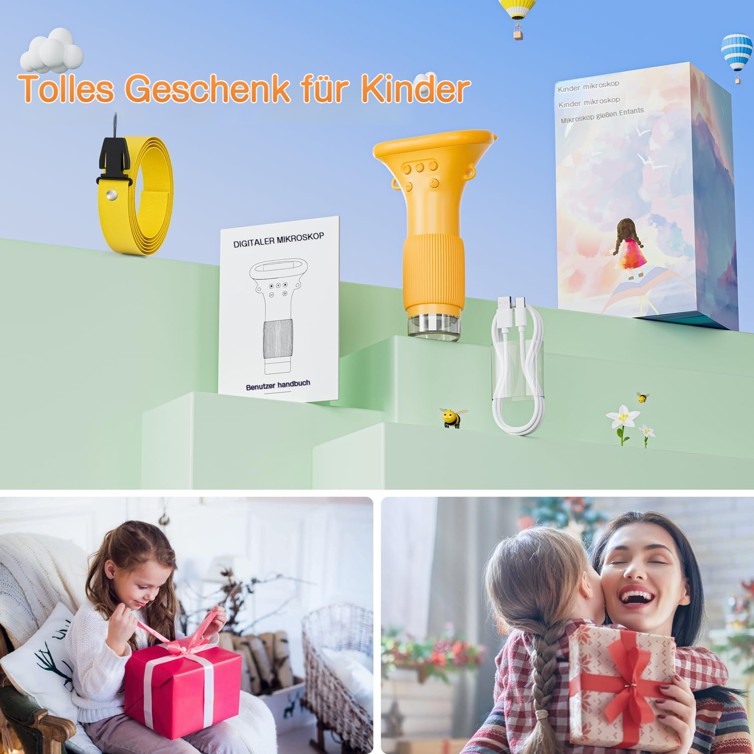 Gelbes Mikroskop mit Anleitung, Geschenkbox und Kindern.