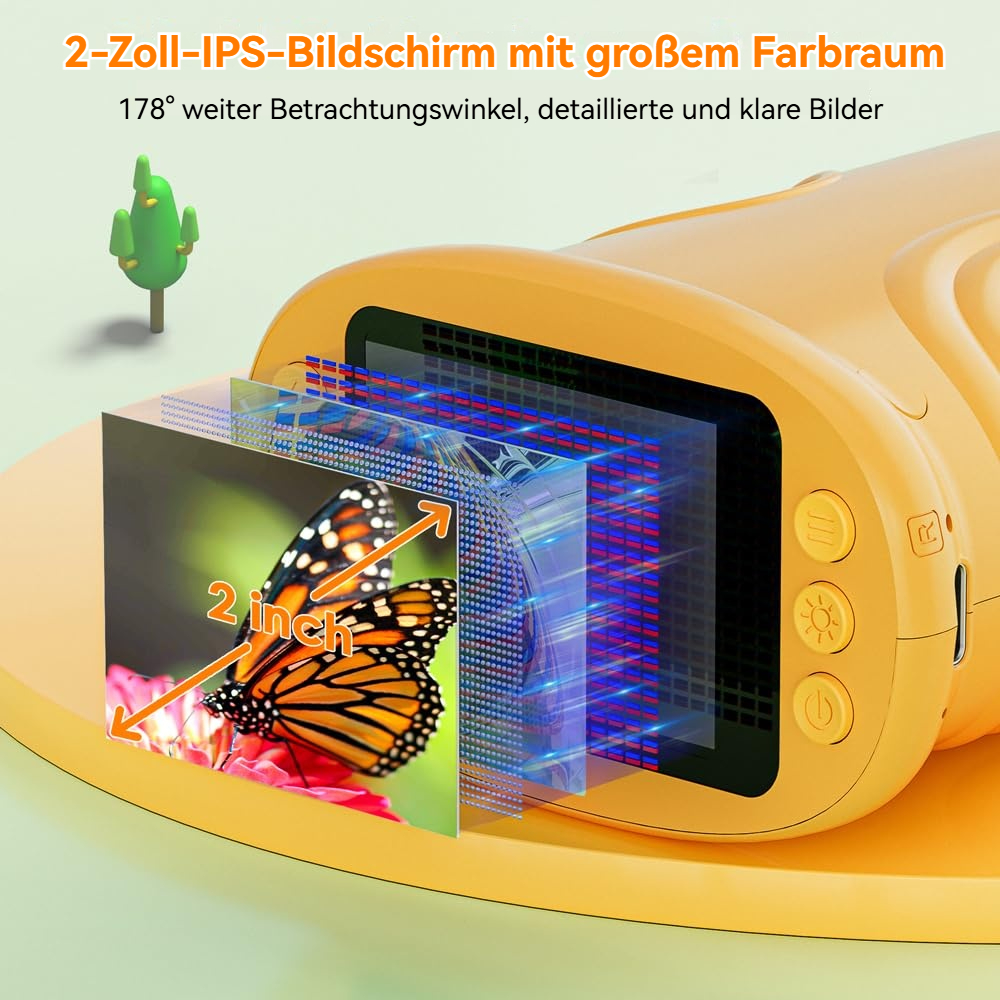 Ein gelbes Gerät zeigt einen 2-Zoll-IPS-Bildschirm mit einem Schmetterling.