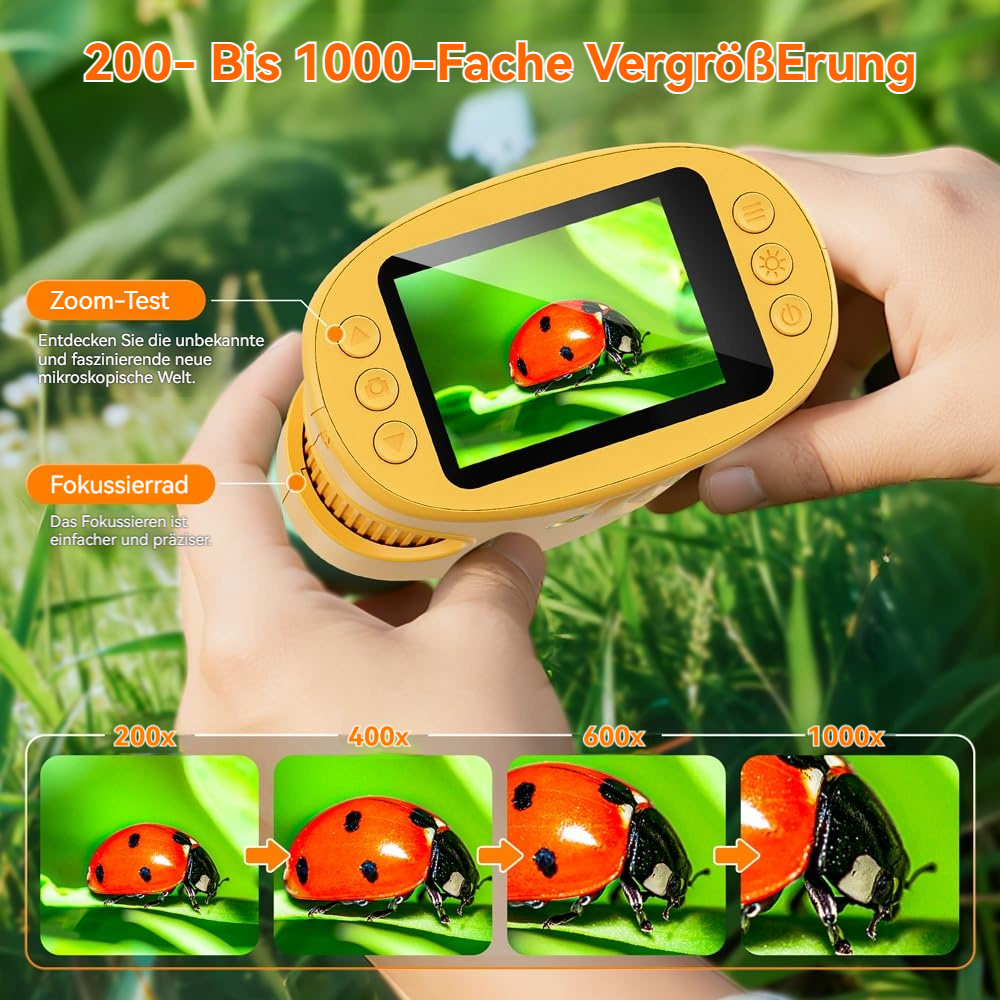Ein gelbes Digitalmikroskop zeigt eine Marienkäfer-Nahaufnahme. Unten sind vier Vergrößerungen.