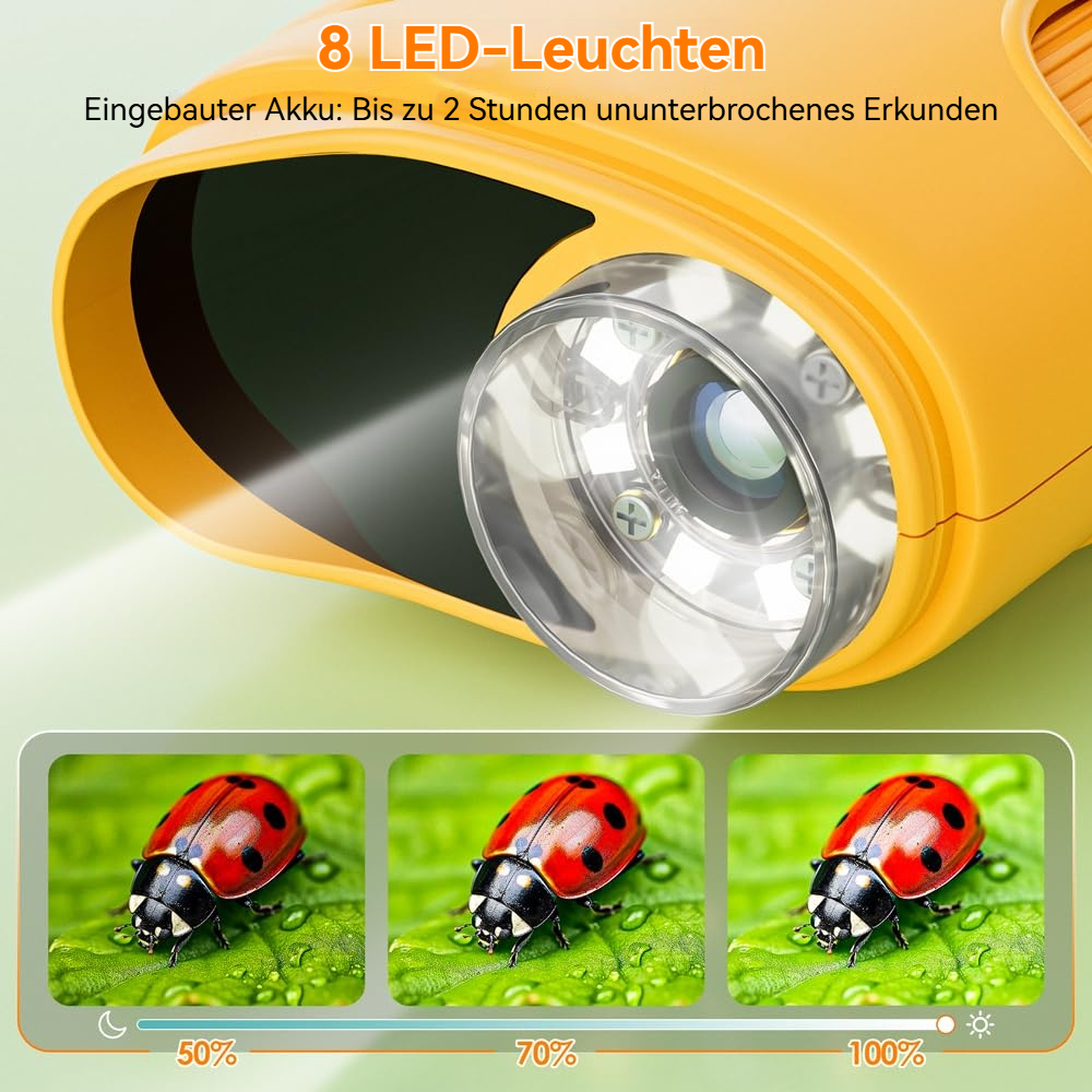 Gelbe Leuchte mit 8 LEDs und drei Marienkäferbildern bei 50, 70, 100 %.