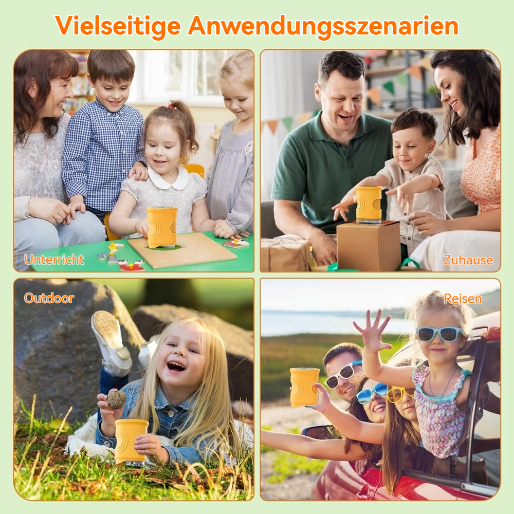 Vier Szenen: Kinder lernen, Familie zu Hause, Kind draußen, Familie auf Reisen.