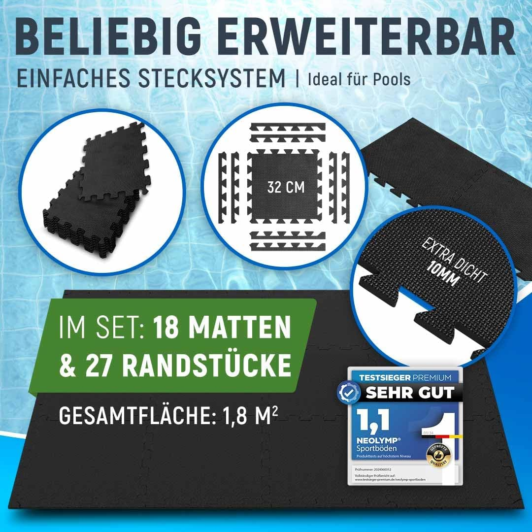 Schwarze Bodenmatten, 18 Stück, 32cm, 10mm dick, erweiterbar, 1,8m².