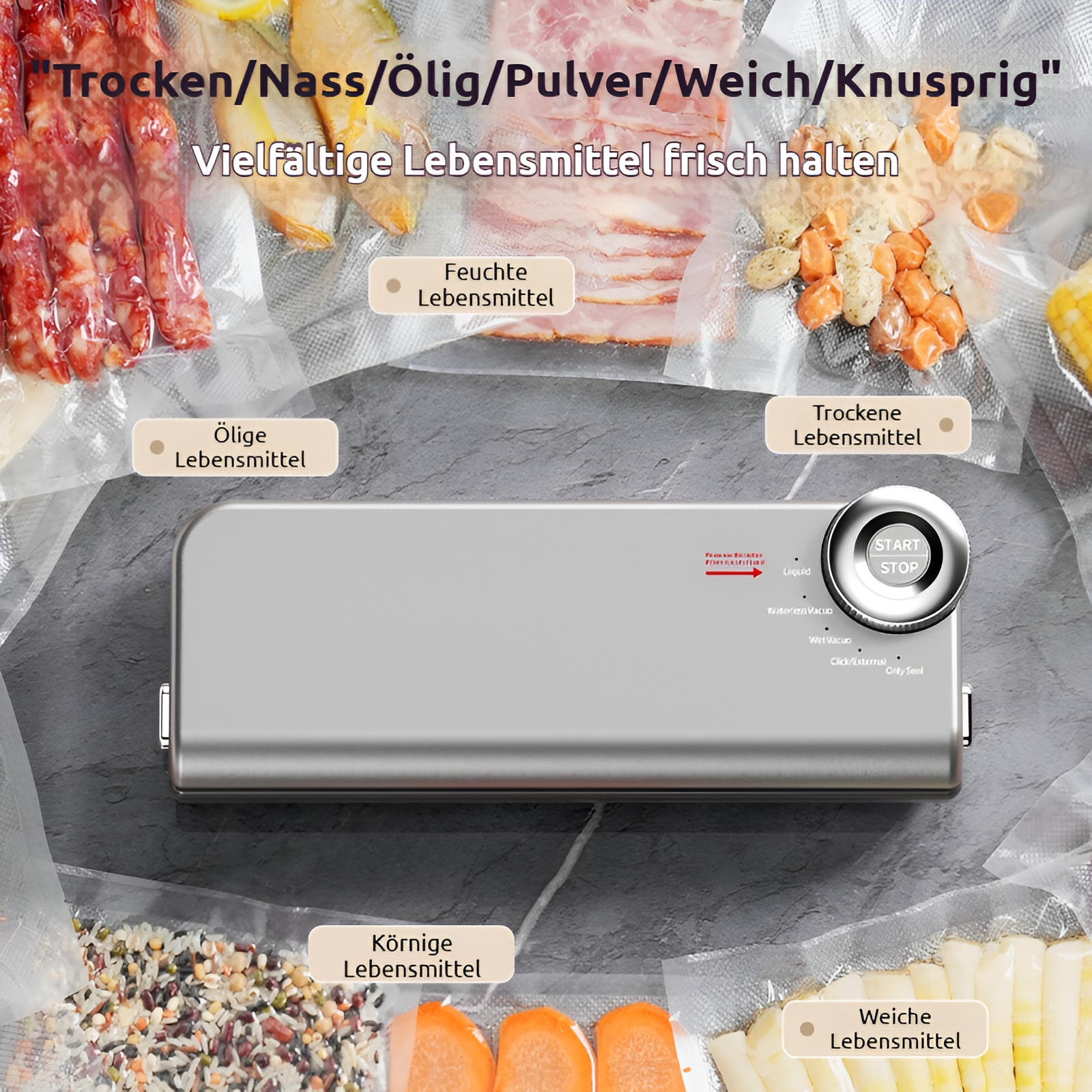Ein Vakuumiergerät mit verschiedenen Lebensmitteln wie Wurst, Speck und Mais.