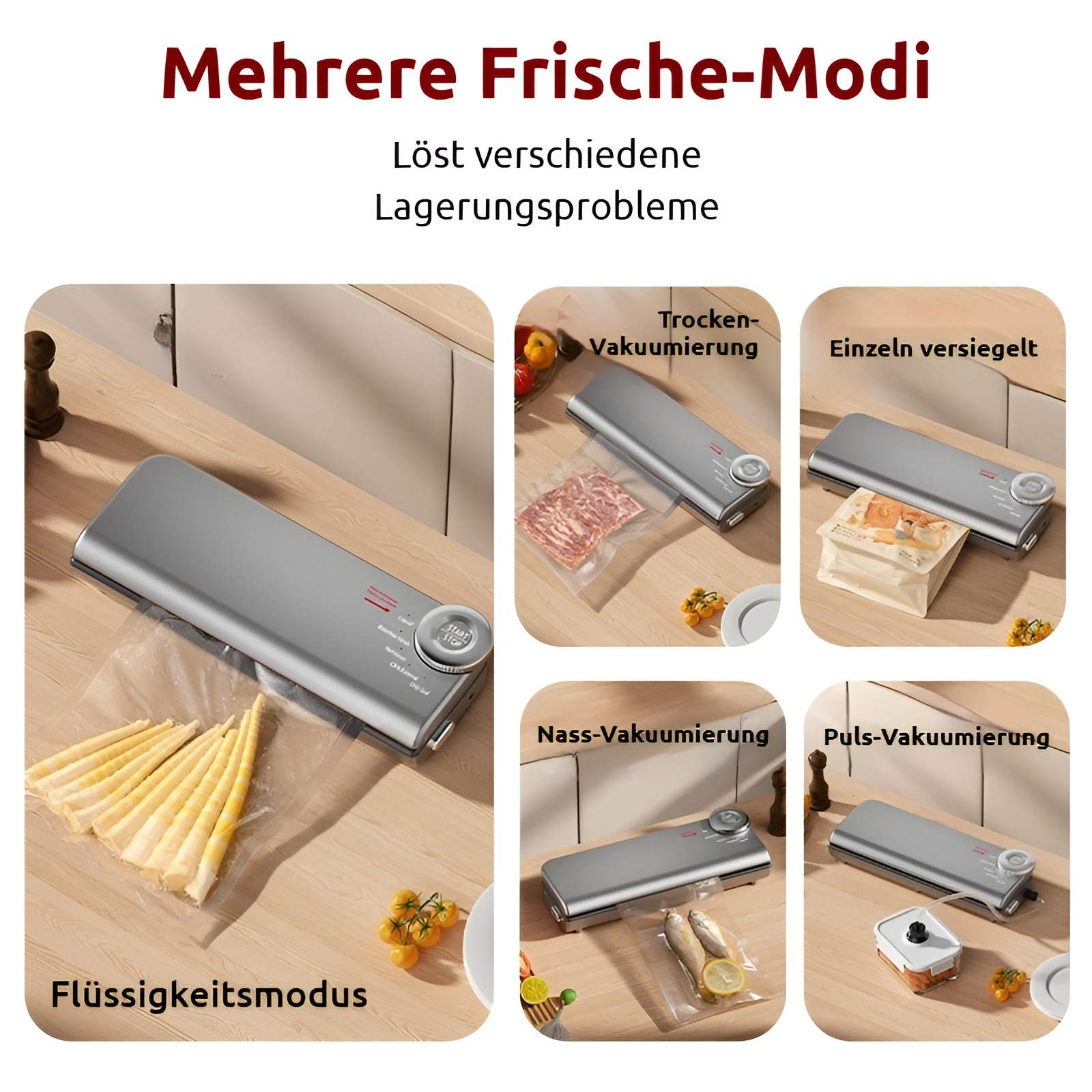 Ein silberner Vakuumierer auf einem Holztisch mit verschiedenen Lebensmittelbeispielen.