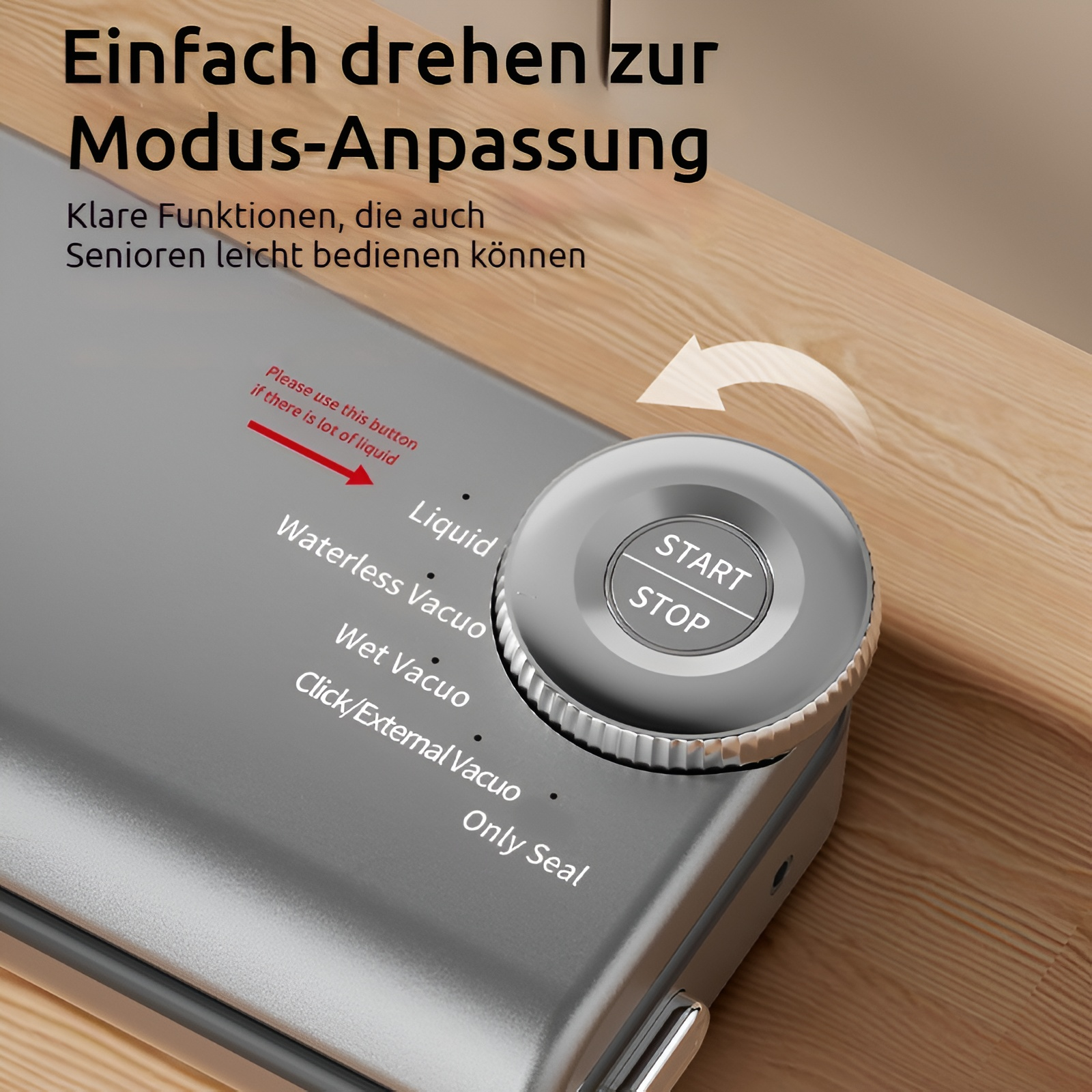 Ein silbernes Vakuumiergerät mit Drehknopf und verschiedenen Modi.
