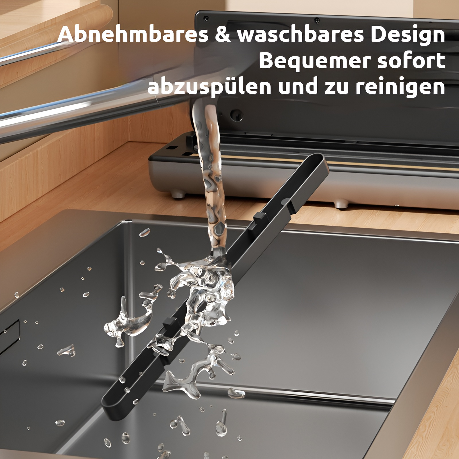 Wasser spritzt auf ein schwarzes Teil in einer Spüle. Ein Gerät im Hintergrund.