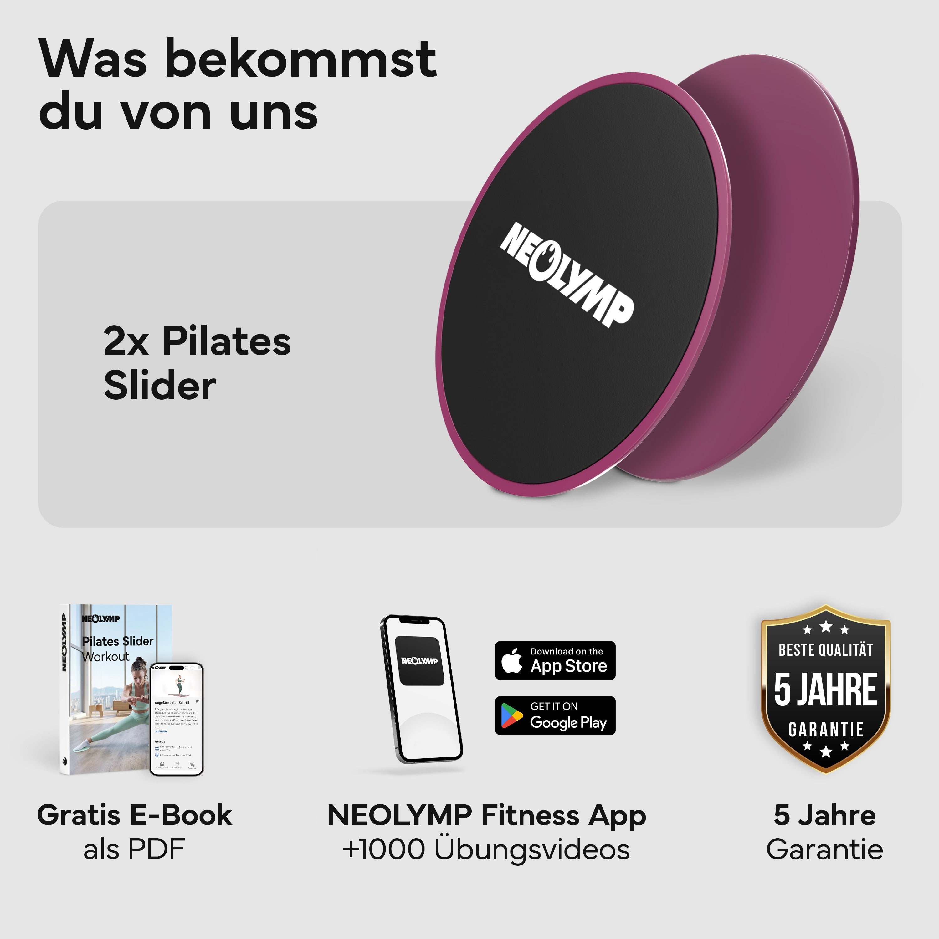 Zwei lila Pilates-Slider, E-Book, App und 5 Jahre Garantie.