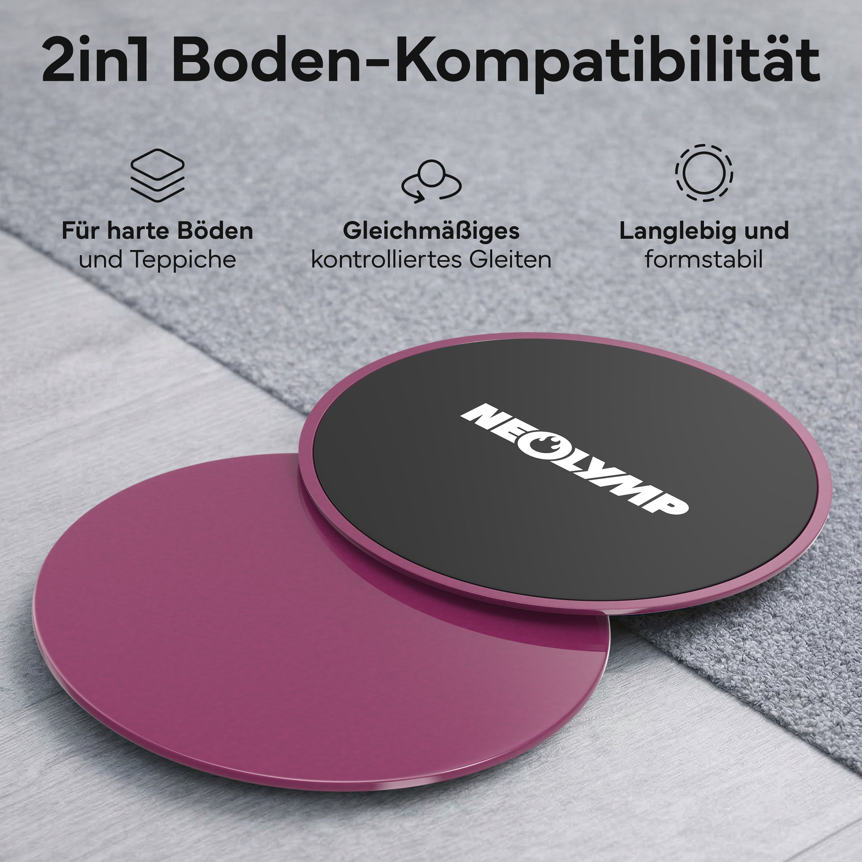 Zwei lila Gleitscheiben liegen auf einem grauen Teppich. Eine hat ein schwarzes Oberteil.