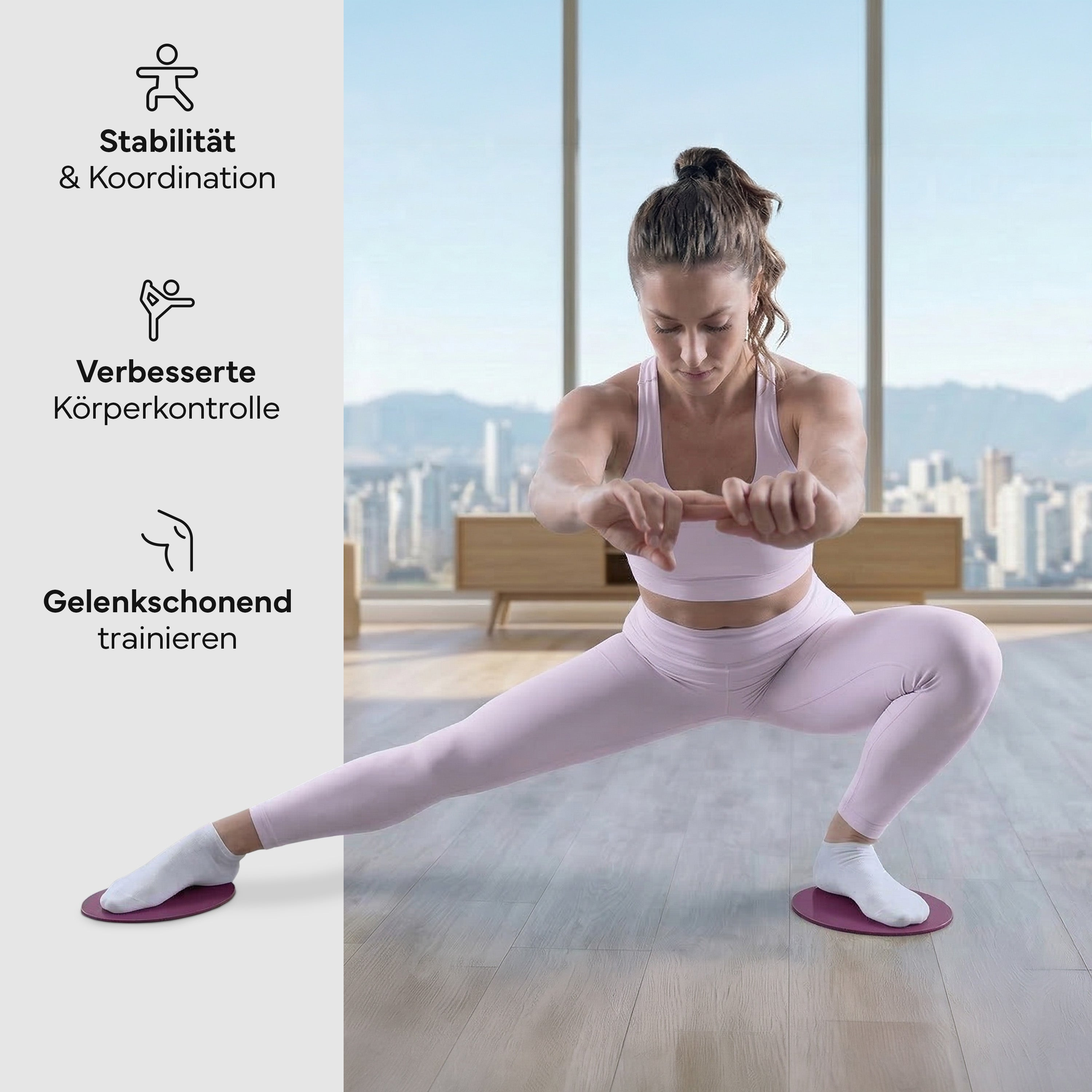 Eine Frau in Trainingskleidung macht eine Ausfallschritt-Übung auf lila Gleitscheiben.