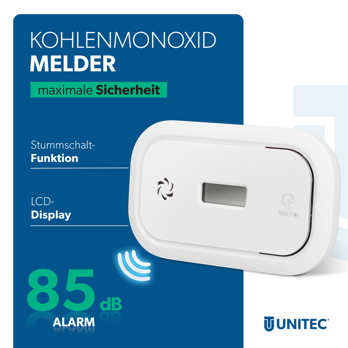 Kohlenmonoxidmelder mit LCD-Display, Stummschaltfunktion, 85dB Alarm und UNITEC Logo.
