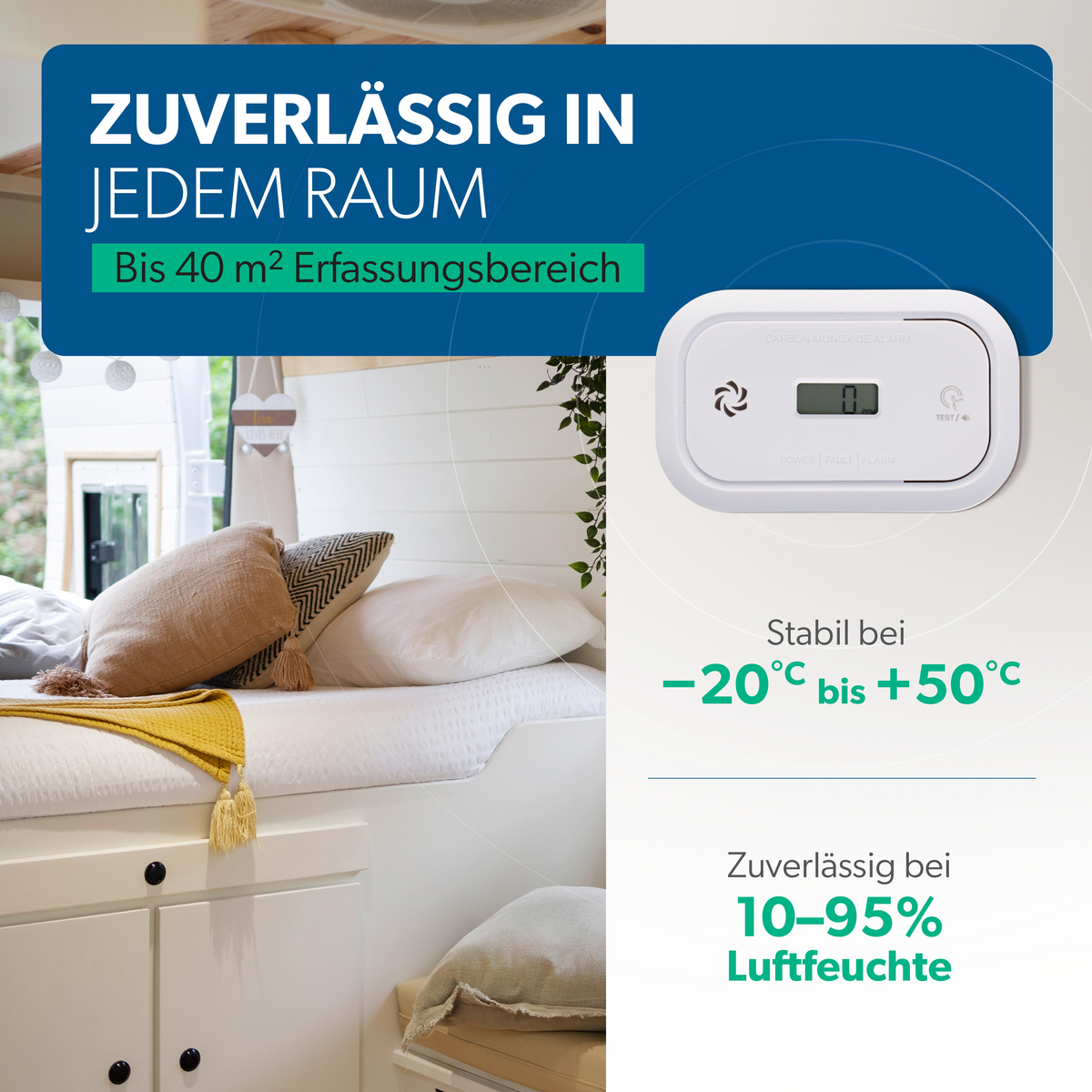 Kohlenmonoxid-Alarm im Wohnmobil mit Temperatur- und Feuchtigkeitsangaben.
