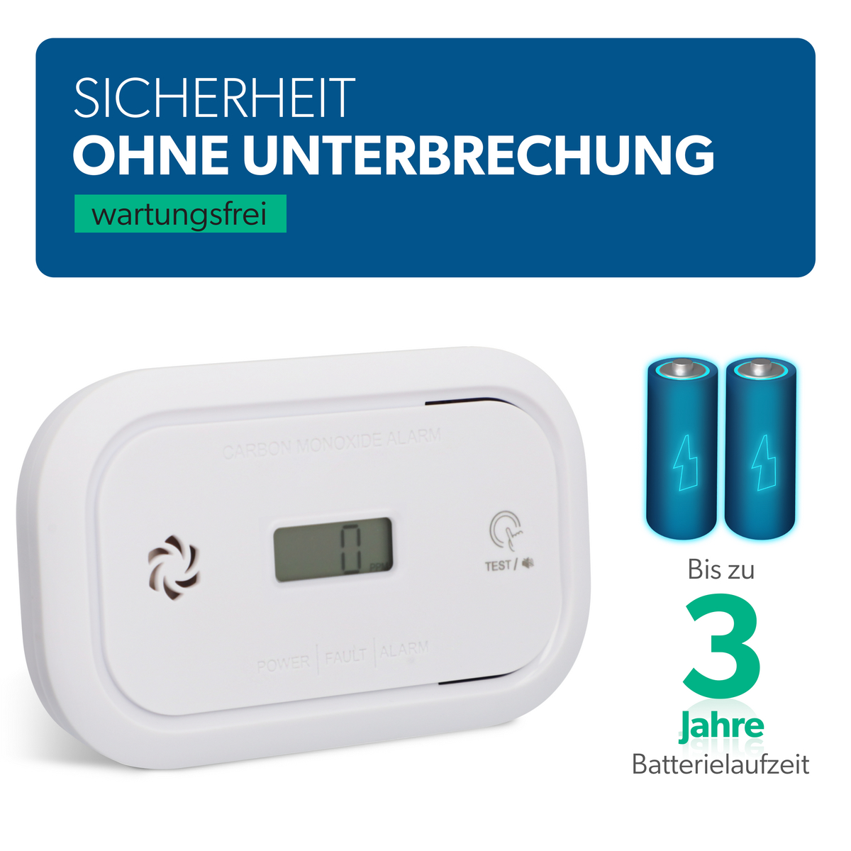 Ein weißer Kohlenmonoxidmelder mit Batterien und Text für 3 Jahre Batterielaufzeit.