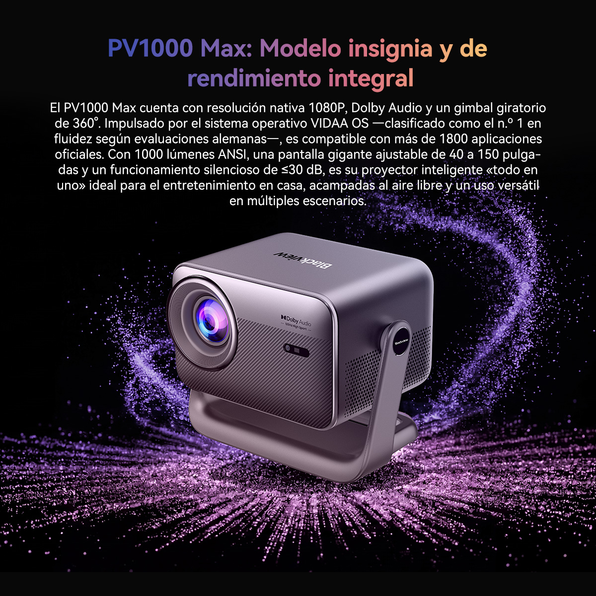 Un proyector gris con lente y soporte, rodeado de brillo púrpura.